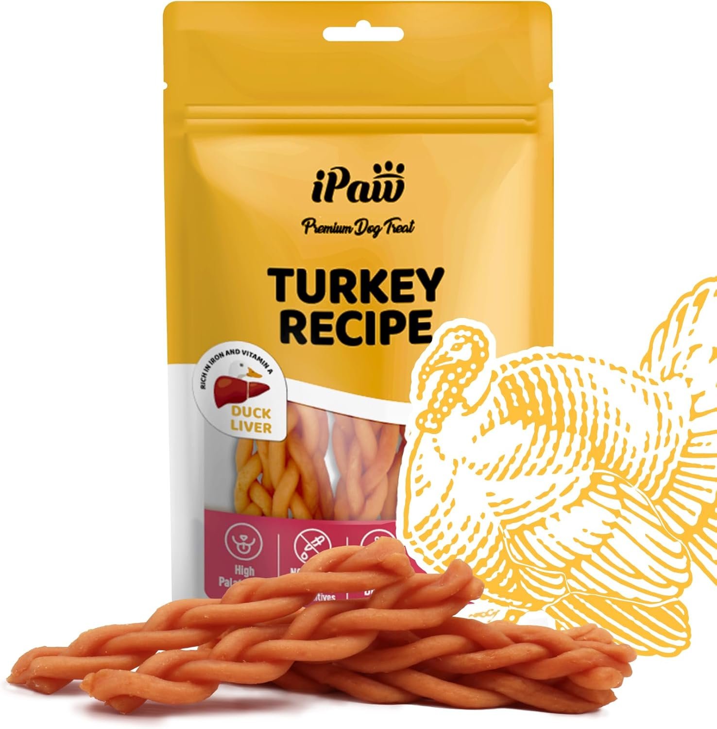 iPaw Turkey Dog Treats, All Natural Human Grade Dog Treat, Suitable for Training chew, US Sourced Raw Material, Hypoallergenic, Rawhide Alternative, Braided Stick (Duck Liver) - Image 2