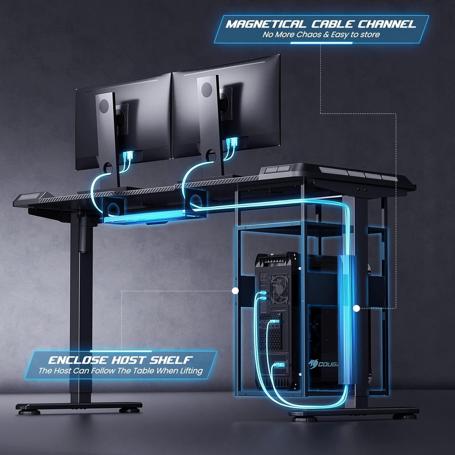 Gaming Standing Desk with LED Lights & Host Shelf, 55" x 24" Gaming Table with Music Sensing APP Control, Underdesk Cable Storage Electric Standing Desk, Black Carbon Fiber PC Table for Home Office - Image 5