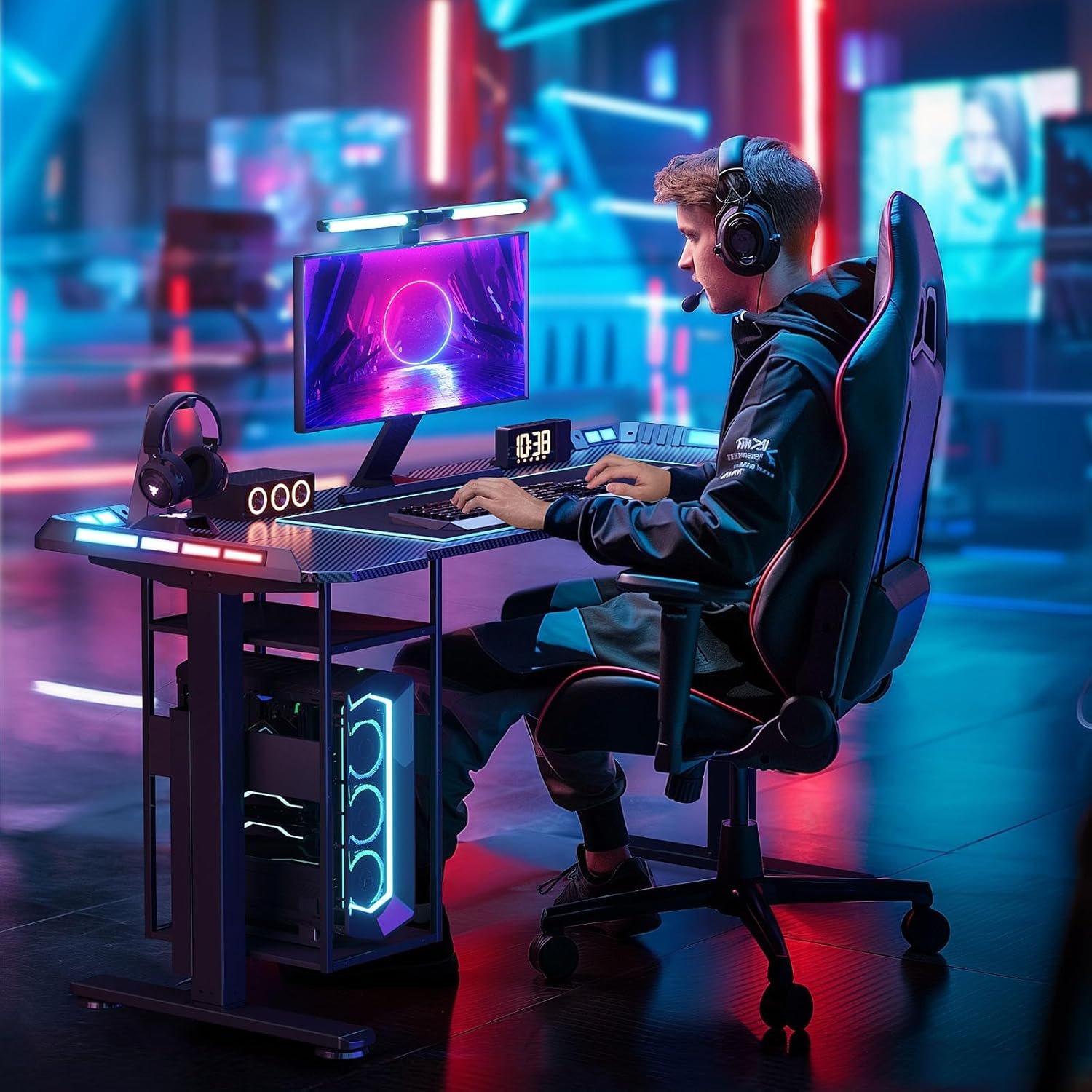 Gaming Standing Desk with LED Lights & Host Shelf, 55" x 24" Gaming Table with Music Sensing APP Control, Underdesk Cable Storage Electric Standing Desk, Black Carbon Fiber PC Table for Home Office - Image 8