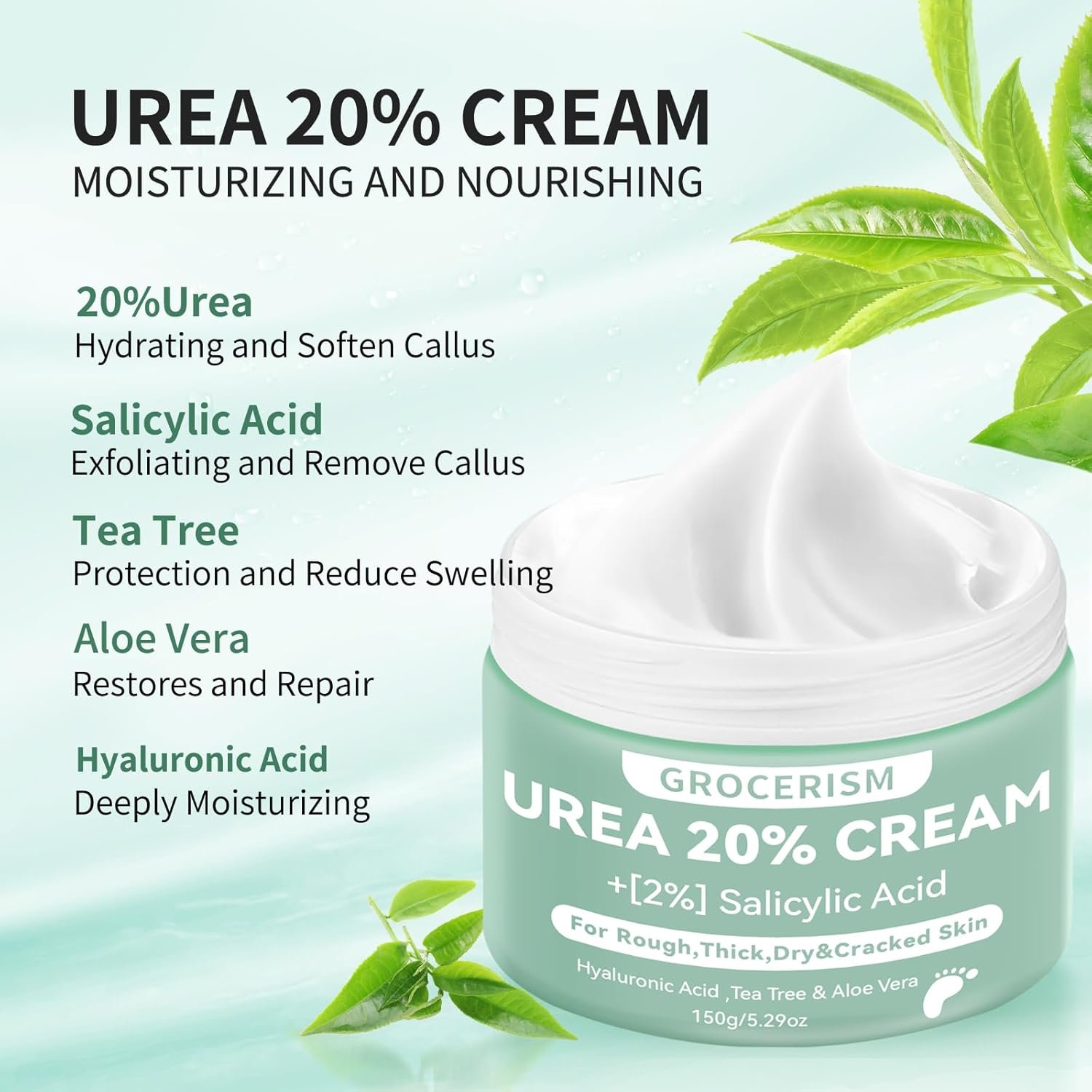 Urea Cream 20 Percent For Feet Plus 2% Salicylic Acid 150g || Foot Cream and Hand Cream Maximum Strength with Hyaluronic Acid, Tea Tree, and Aloe Vera for Deep Moisturizes - Image 5