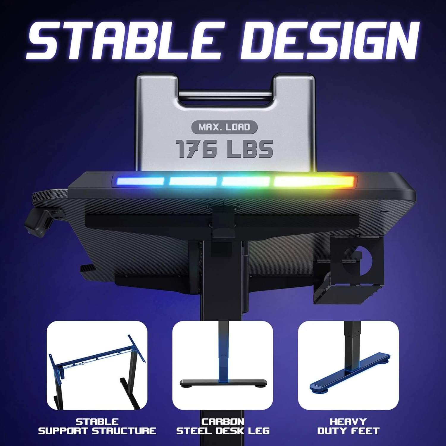 Gaming Standing Desk with LED Lights & Host Shelf, 55" x 24" Gaming Table with Music Sensing APP Control, Underdesk Cable Storage Electric Standing Desk, Black Carbon Fiber PC Table for Home Office - Image 9