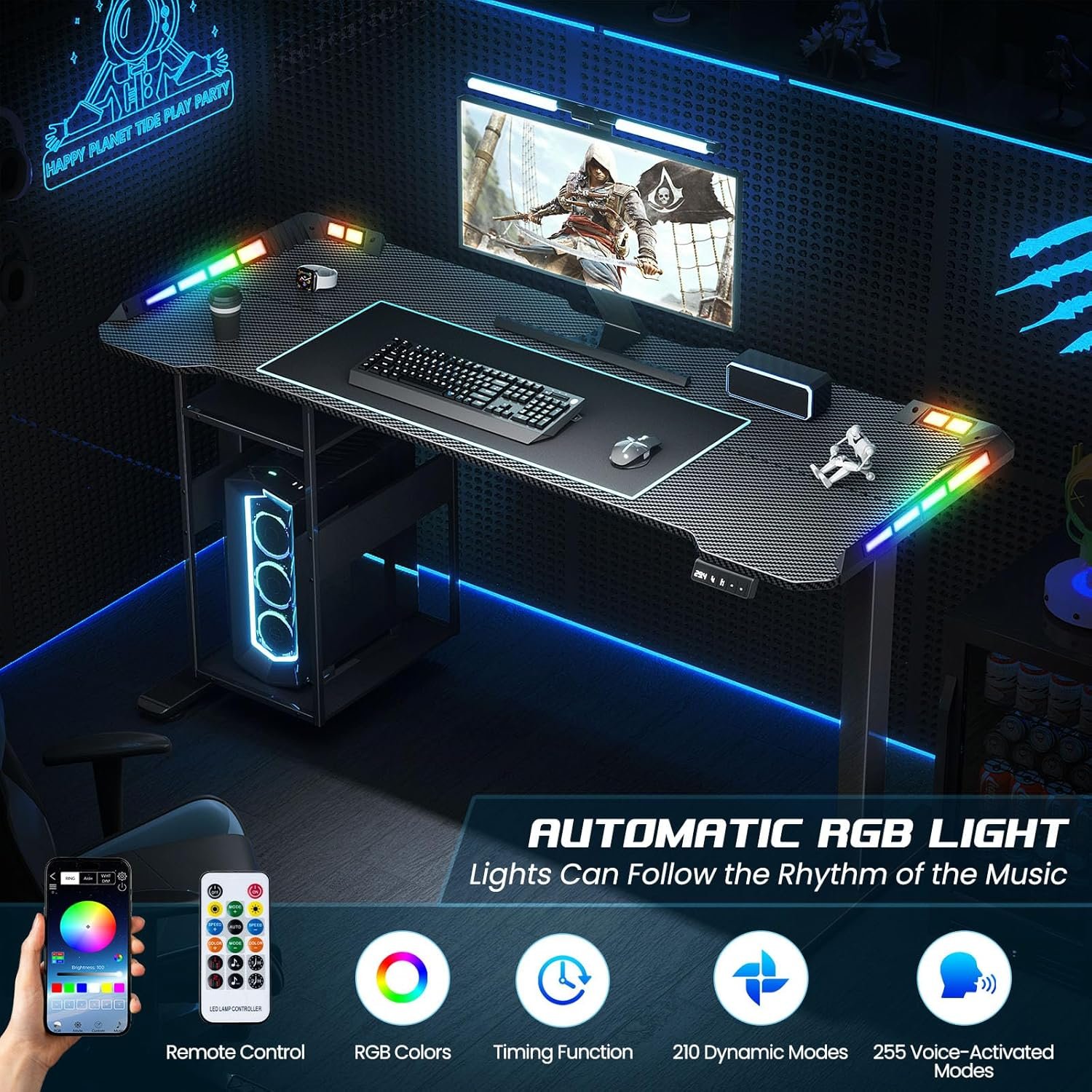 Gaming Standing Desk with LED Lights & Host Shelf, 55" x 24" Gaming Table with Music Sensing APP Control, Underdesk Cable Storage Electric Standing Desk, Black Carbon Fiber PC Table for Home Office - Image 6