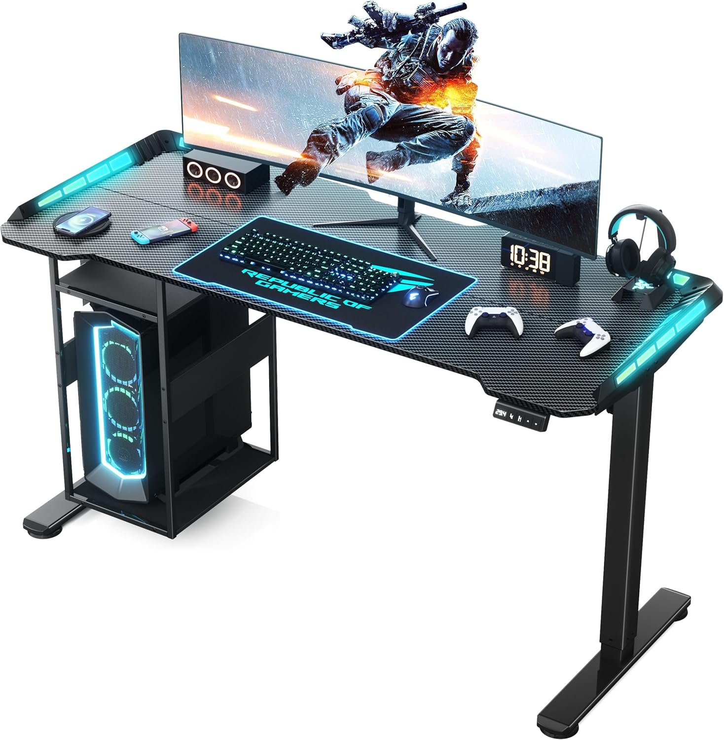 Gaming Standing Desk with LED Lights & Host Shelf, 55" x 24" Gaming Table with Music Sensing APP Control, Underdesk Cable Storage Electric Standing Desk, Black Carbon Fiber PC Table for Home Office - Image 2