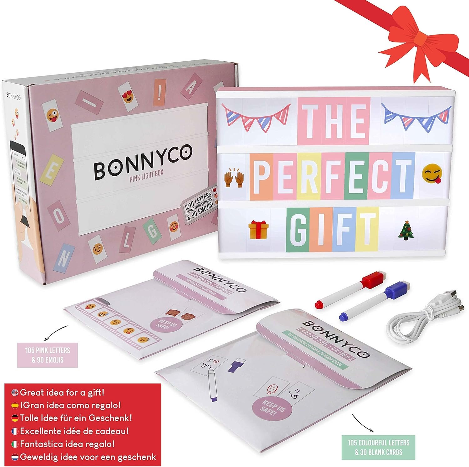 BONNYCO Pink Cinema Light Box with 400 Letters, Emojis, 2 Markers. Led Light Box Home Office and Room Decor, Cinema Led Sign Letters Board. Gifts for Women Girls Christmas Birthdays, Pink Decor - Image 8