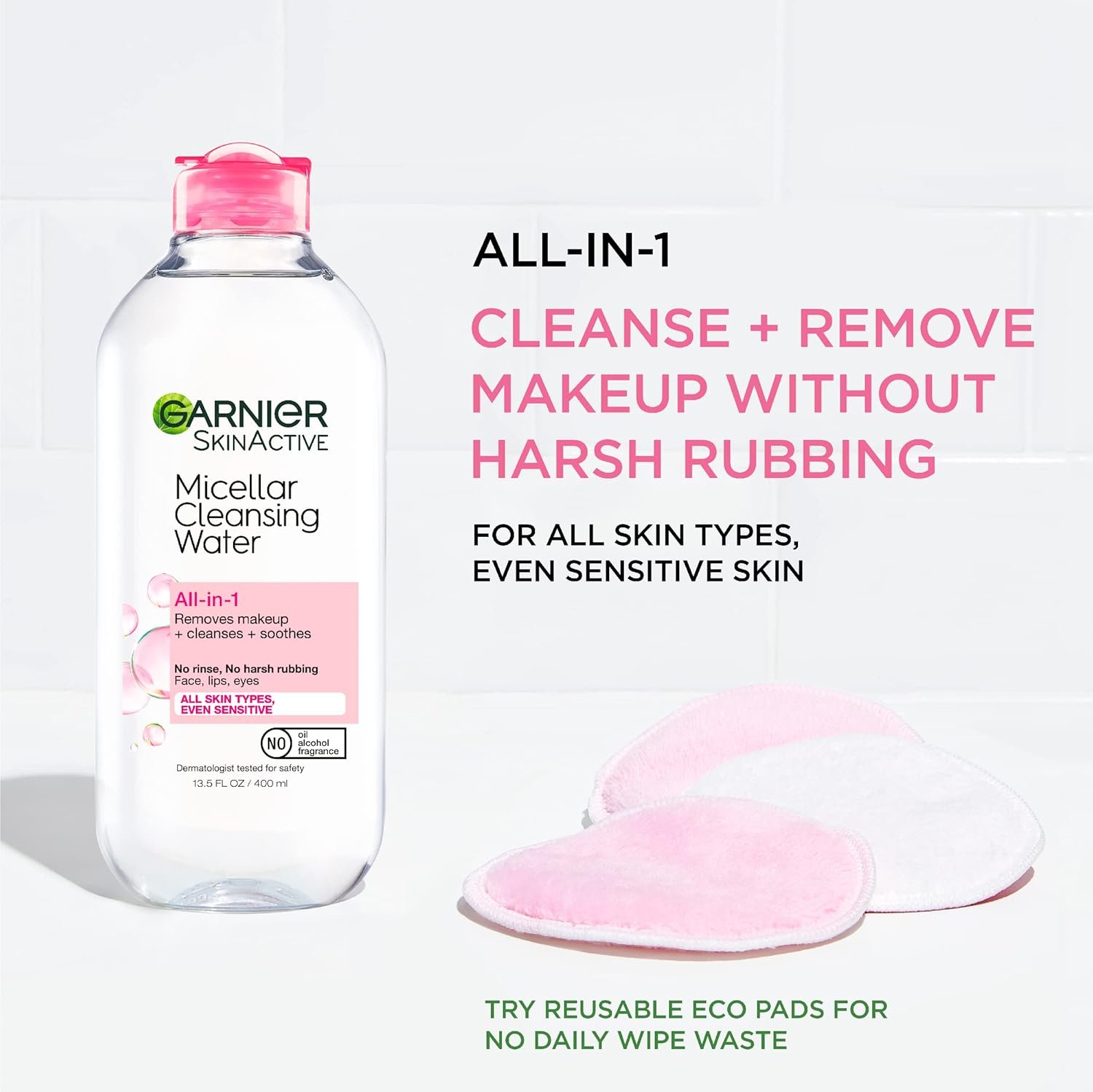 Garnier Micellar Cleansing Water, All-in-1 Makeup Remover and Facial Cleanser, For All Skin Types, 3.4 Fl Oz (100mL), 1 Count (Packaging May Vary) - Image 4