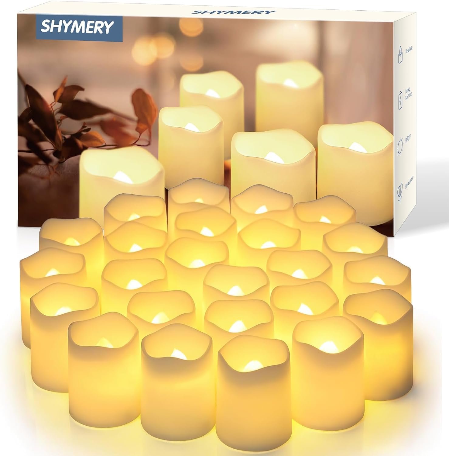 SHYMERY Flameless Votive Candles,Flameless Flickering Electric Fake Candle,24 Pack 200+Hour Battery Operated LED Tea Lights in Warm White for Wedding, Table, Halloween,Christmas Decorations 1.5"X1.7" - Image 2