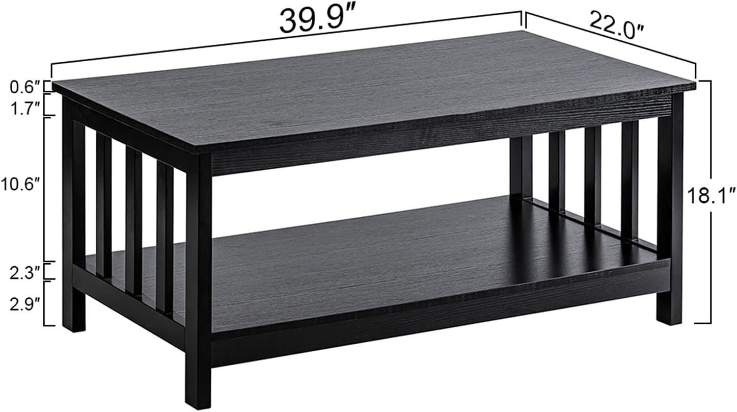 ChooChoo Mission Coffee Table, Black Wood Living Room Table with Shelf, 40 Black - Image 3