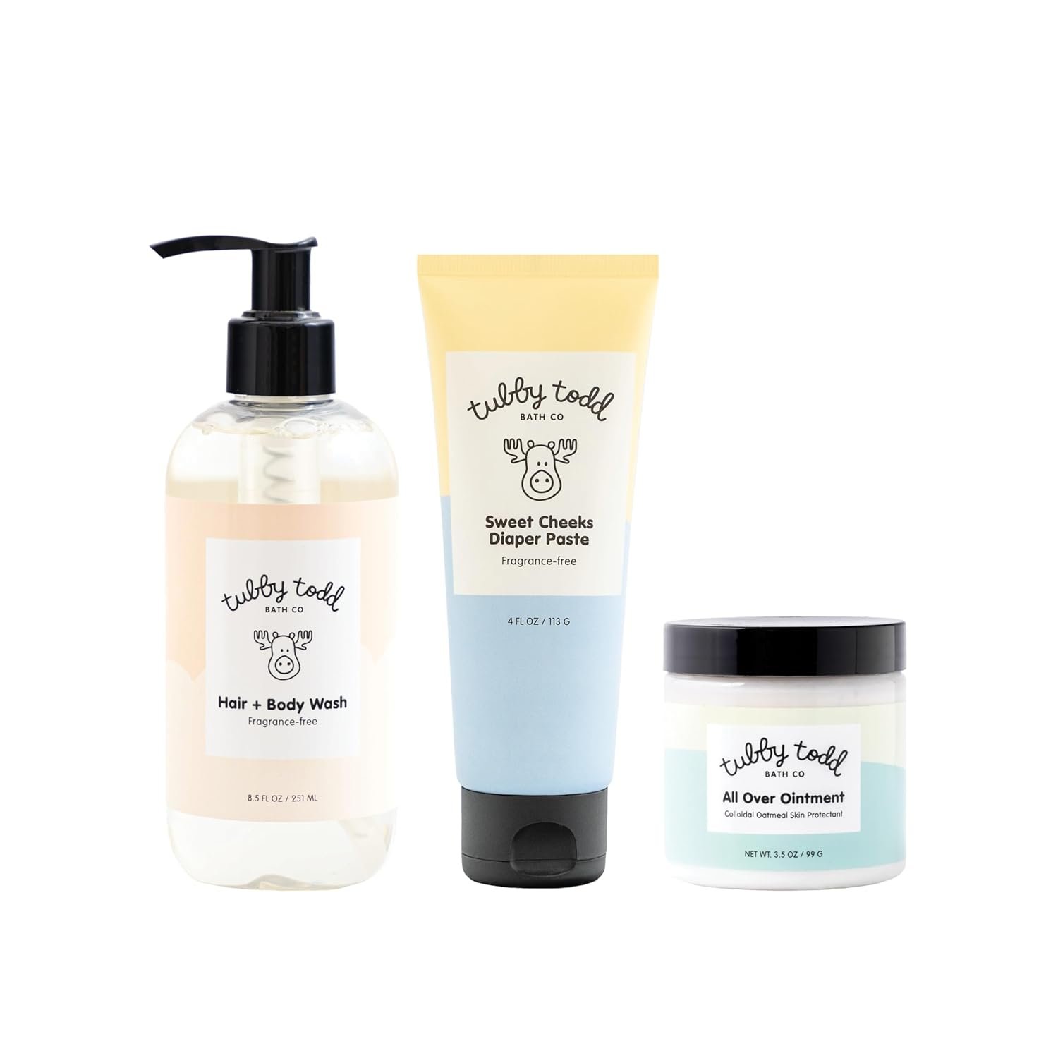 TUBBY TODD Baby Bundle Newborn Skin Care Set - Hypoallergenic Hair + Body Wash, All Over Ointment with Colloidal Oatmeal, Sweet Cheeks Diaper Paste - Fragrance Free, Standard Size - Image 2