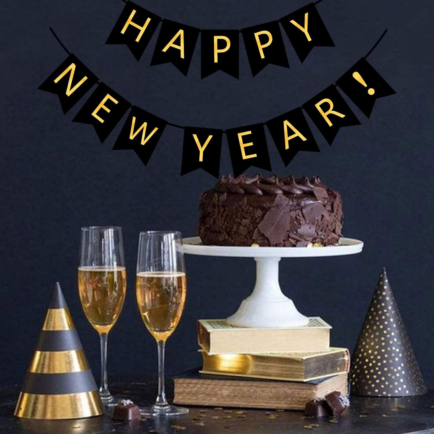 FECEDY Happy New Year Banner Black Bunting with Gold Alphabet for New Year Party Supplier Eve Party Decorations - Image 7