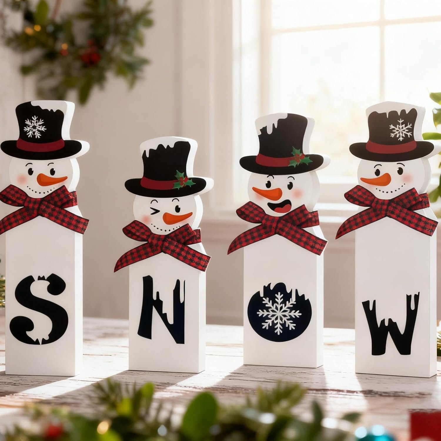 Christmas Wooden Snowman Decorations Indoor – 4 Pcs Snowman Block Merry Christmas Sign – Rustic Winter Tiered Tray Decor Table Centerpiece for Mantel Kitchen Holiday Home Decorations - Image 6