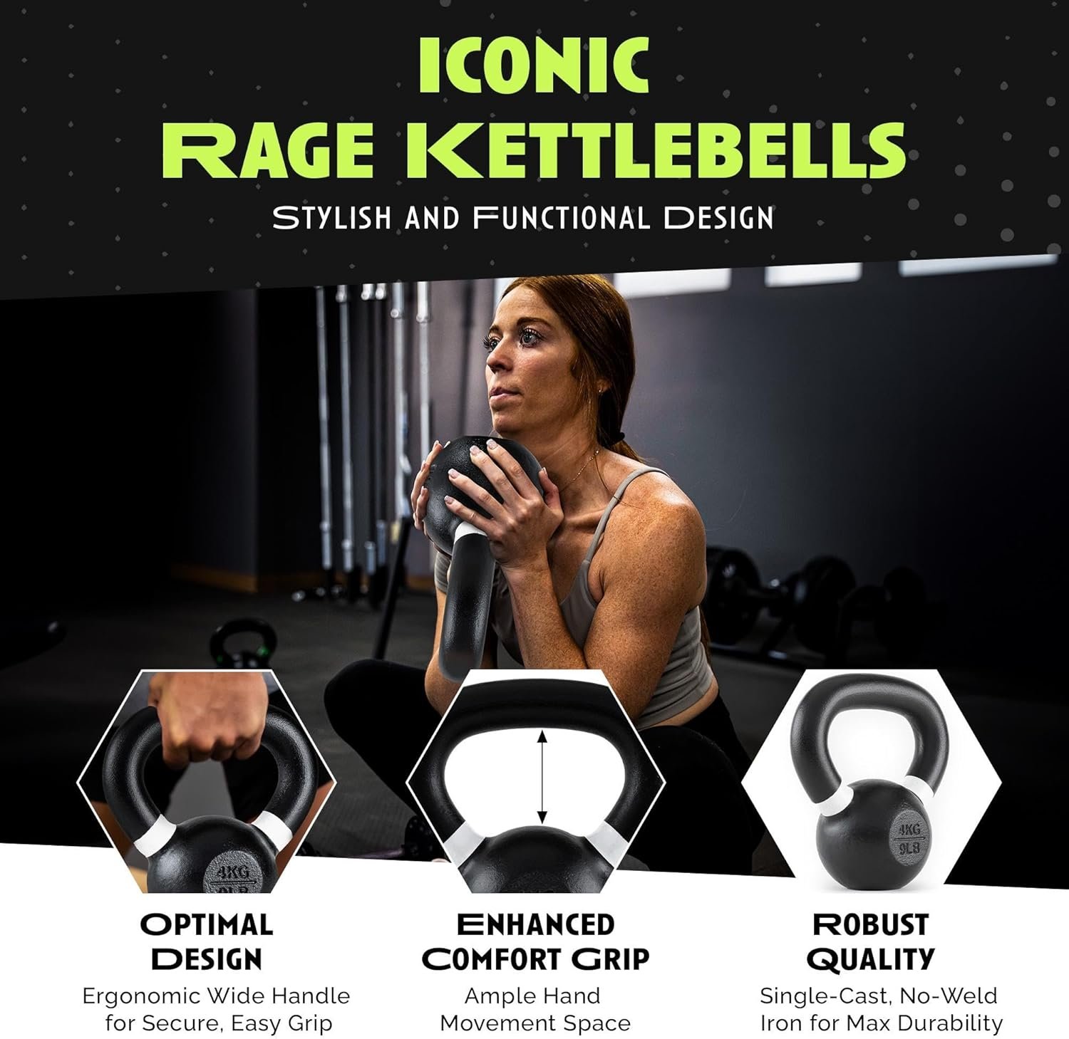 Rage Fitness Single Cast Iron Kettlebell | Powder Coated - Wide Handle Weights for Core & Glute Workouts; Swings, Squats, Deadlifts; Strength, Endurance & Flexibility for Men & Women - Image 7