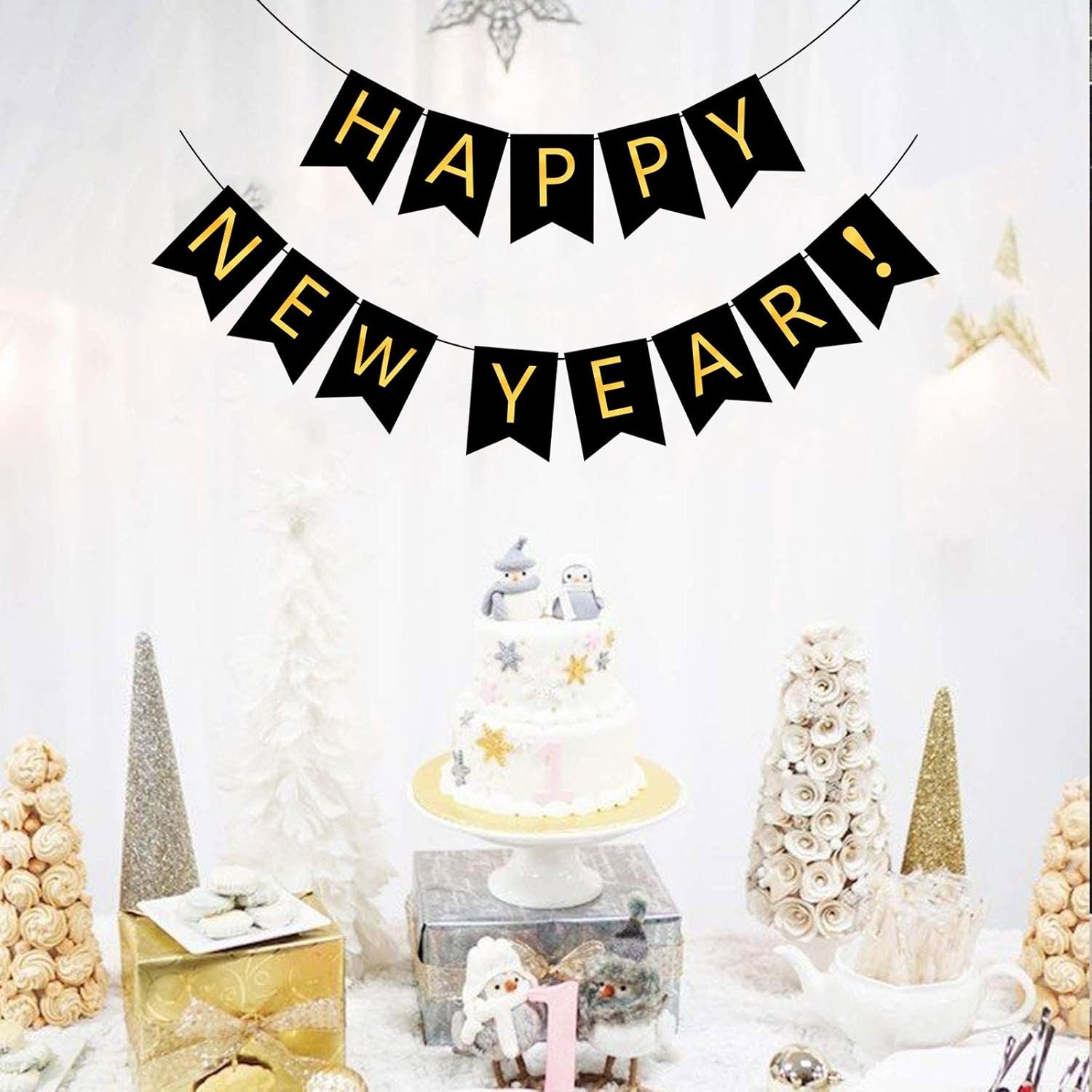 FECEDY Happy New Year Banner Black Bunting with Gold Alphabet for New Year Party Supplier Eve Party Decorations - Image 8