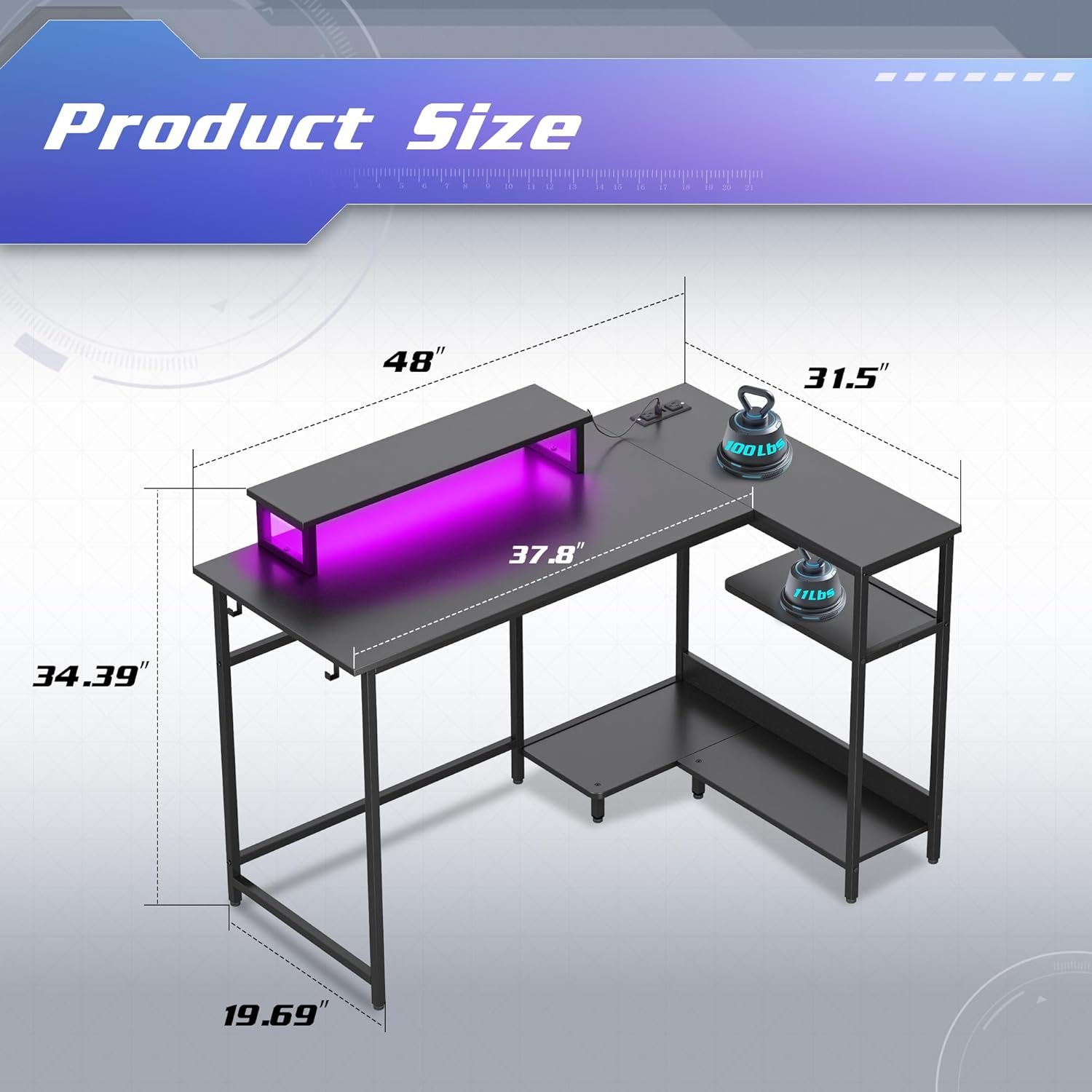 DEVAISE 47 Inch L Shaped Gaming Desk with LED Lights & Power Outlets, Corner Desk for Small Spaces, Sturdy PC Computer Table with Storage for Home Office, Black - Image 4