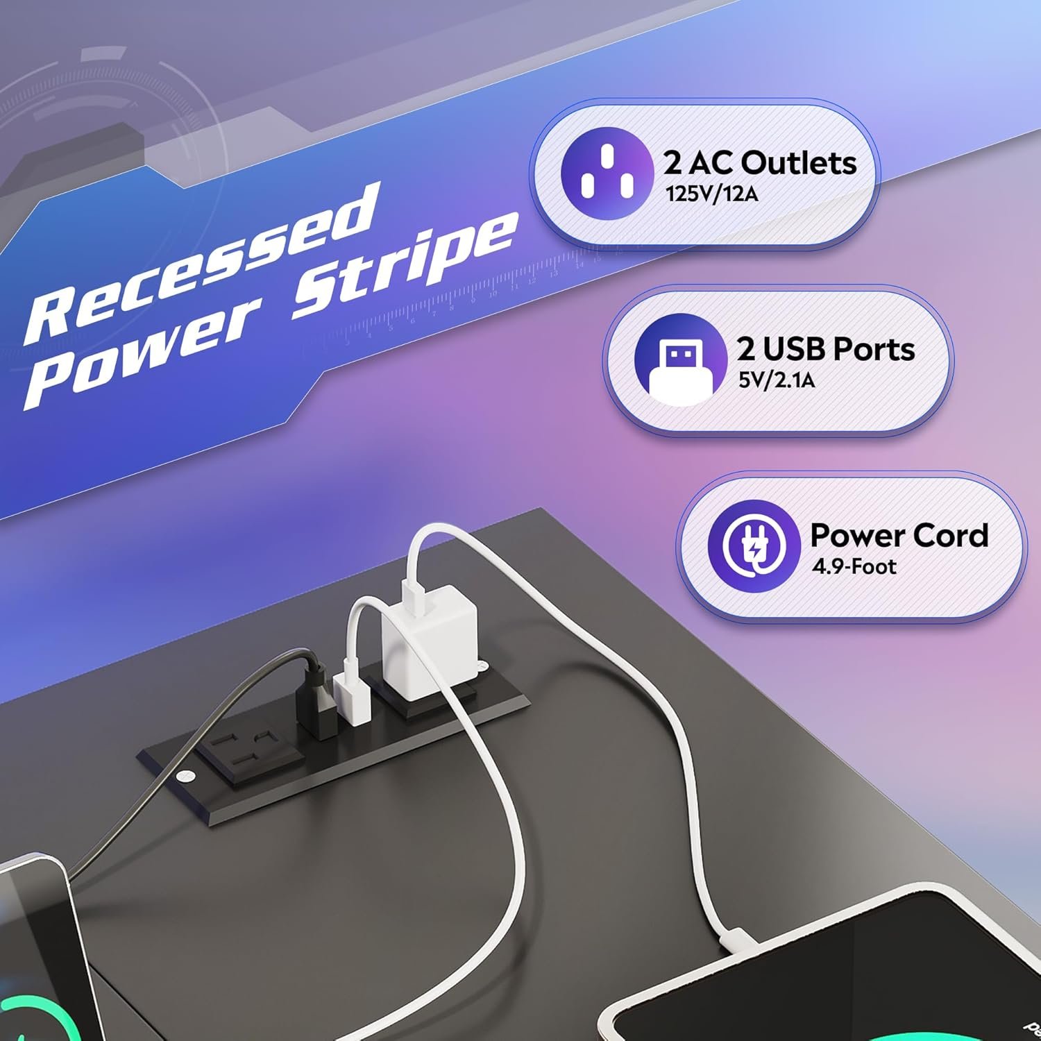 DEVAISE 47 Inch L Shaped Gaming Desk with LED Lights & Power Outlets, Corner Desk for Small Spaces, Sturdy PC Computer Table with Storage for Home Office, Black - Image 6