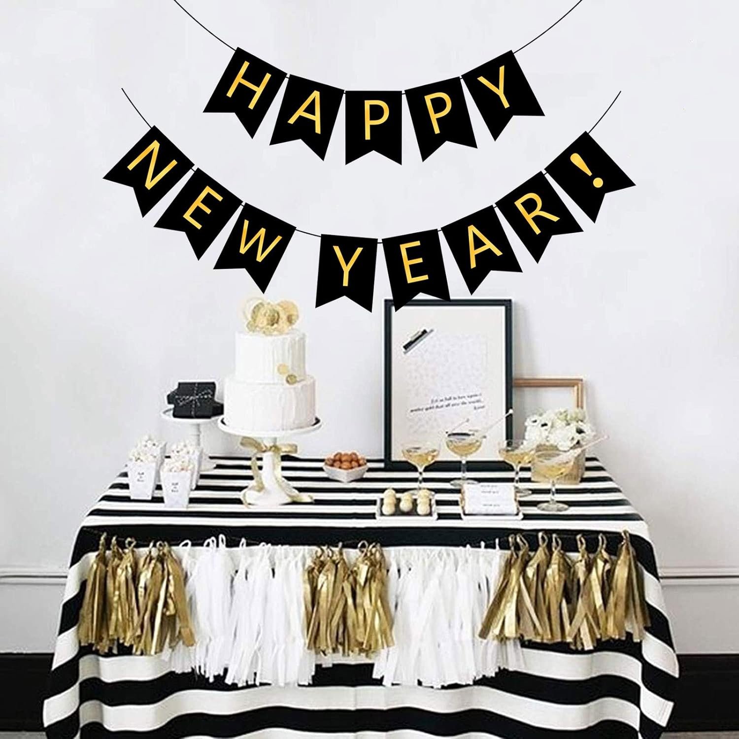 FECEDY Happy New Year Banner Black Bunting with Gold Alphabet for New Year Party Supplier Eve Party Decorations - Image 6