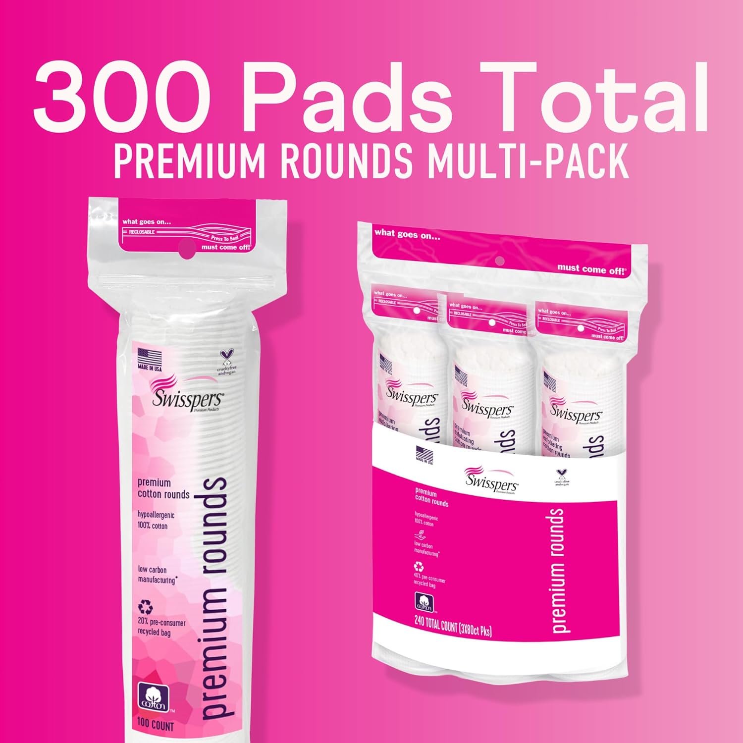 Swisspers Premium Cotton Rounds - 100% Chlorine Free Cotton Face Pads for Makeup, Nail Polish Removal - Dermatologist Tested and Hypoallergenic, Made in USA - 100 Pads (Pack of 3) - Image 3