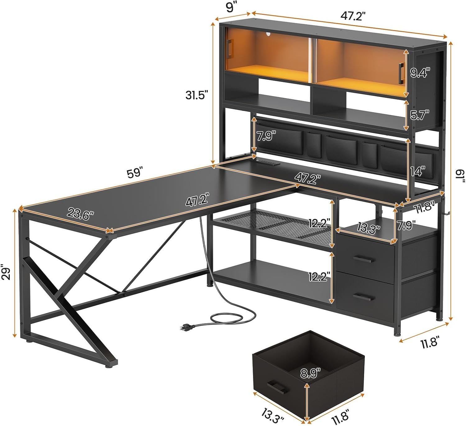SEDETA L Shaped Gaming Desk, Home Office Computer Desk with 2 Drawer and Bookshelf, L Shaped Gaming Desk with LED Light, Glass Cabinet and Storage Bag, Corner Desk with Storage Shelves, Black - Image 3