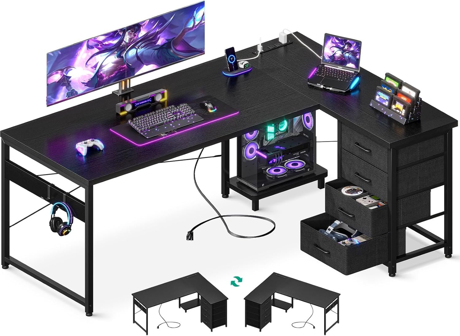 AODK L Shaped Gaming Desk with 4 Drawers, 61" Reversible Home Office Desks with Power Outlets, L Shaped Computer Desk with USB Charging Port and Host Stand, Corner Desk, Easy to Assemble, Black - Image 2