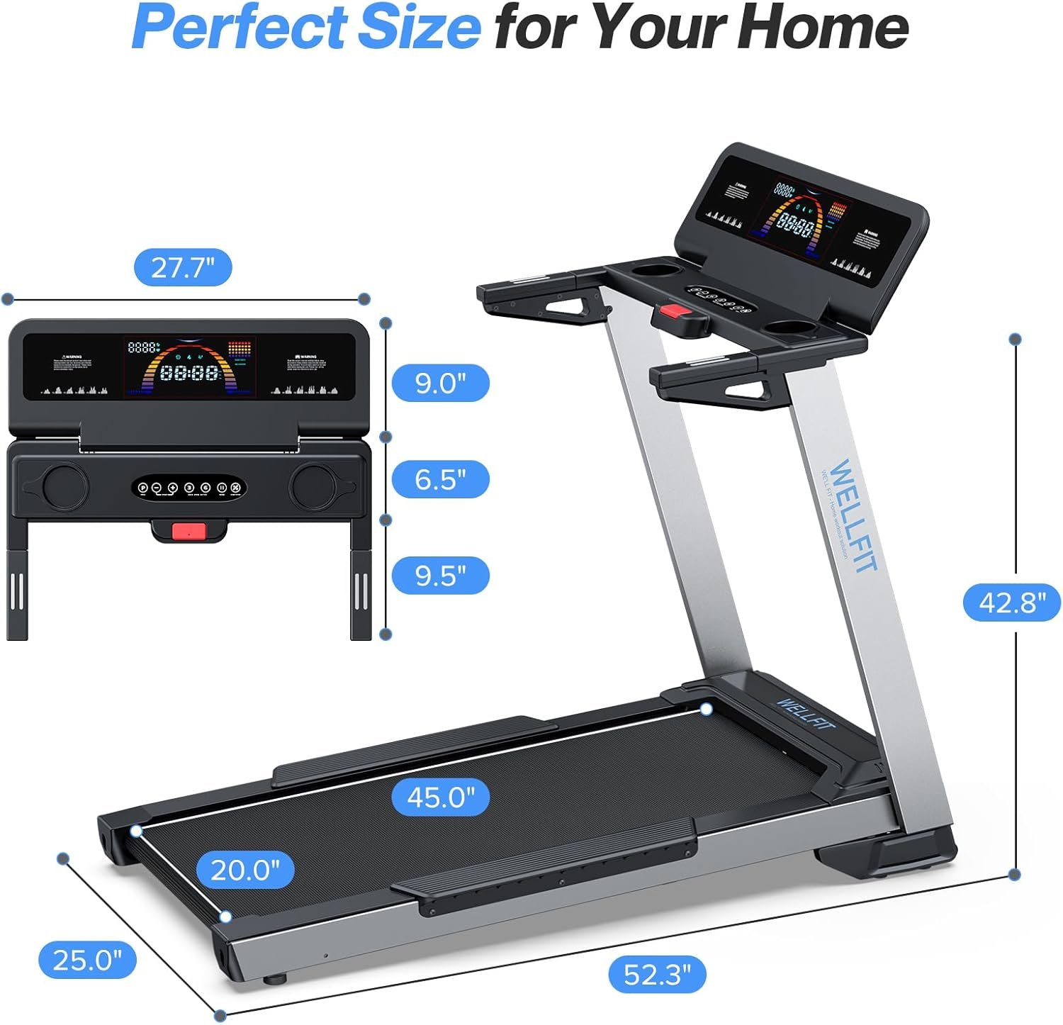 WELLFIT Home Treadmill, 2 Level Incline Heavyduty Treadmill with Pulse Sensor, 4.0 HP, 10 MPH, 450 lbs Capacity, 20'' x 45'' Running Area Treadmills with Bluetooth Player & LED Display - Image 8