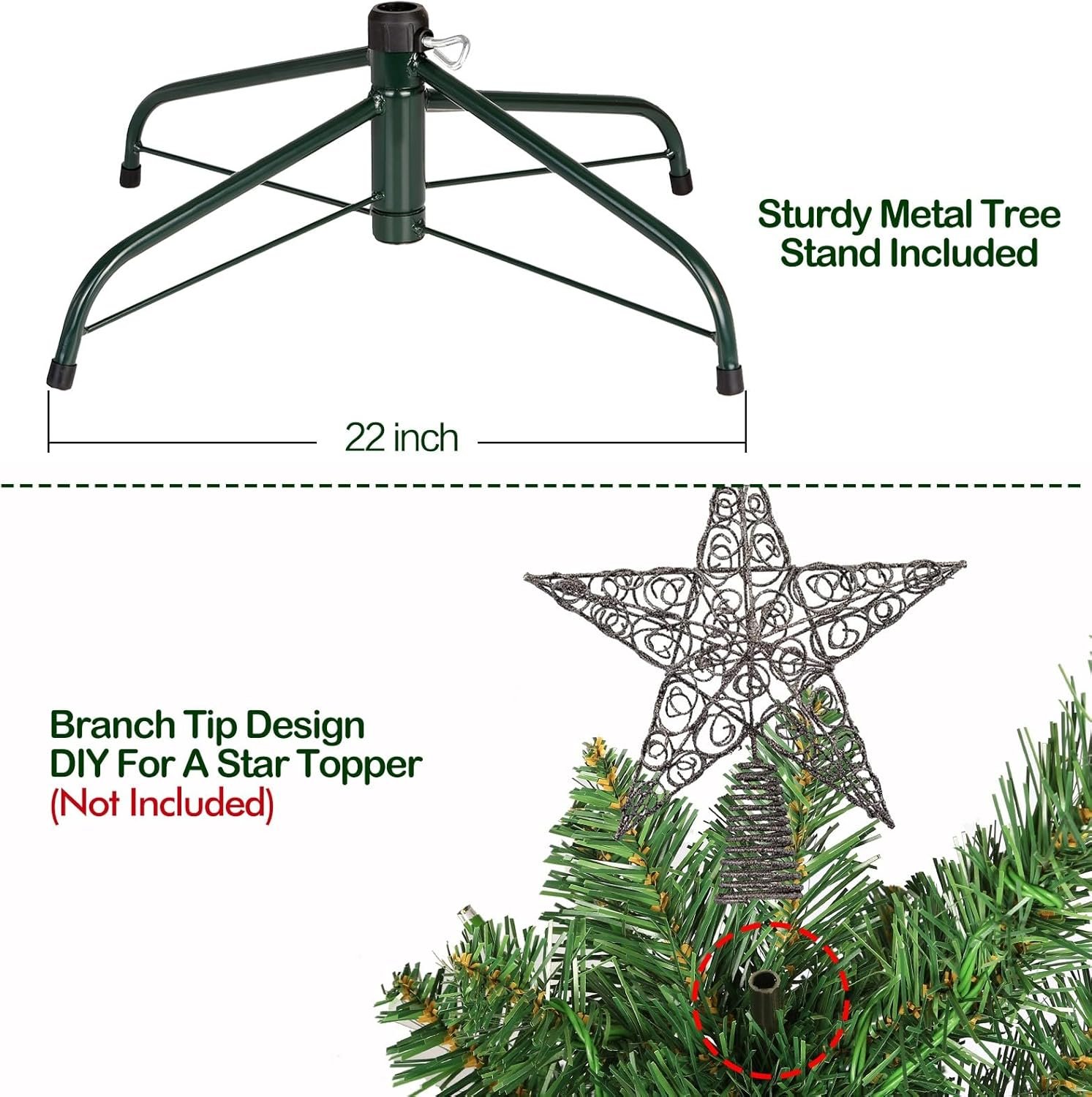 Hykolity 7.5 ft Prelit Christmas Tree, Artificial Christmas Tree with 450 Warm White Lights, 1450 Branch Tips, Metal Stand and Hinged Branches - Image 6