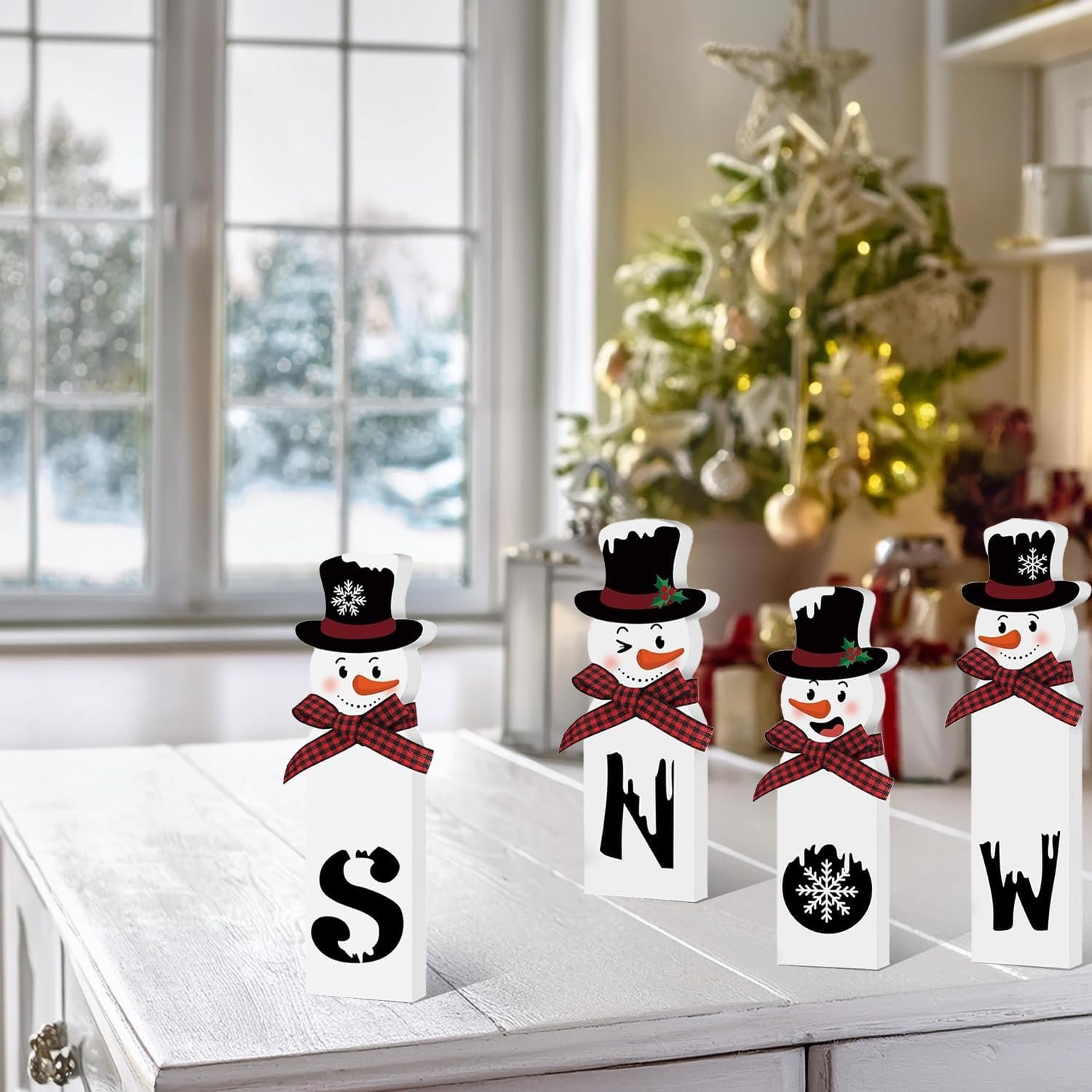 Christmas Wooden Snowman Decorations Indoor – 4 Pcs Snowman Block Merry Christmas Sign – Rustic Winter Tiered Tray Decor Table Centerpiece for Mantel Kitchen Holiday Home Decorations - Image 8