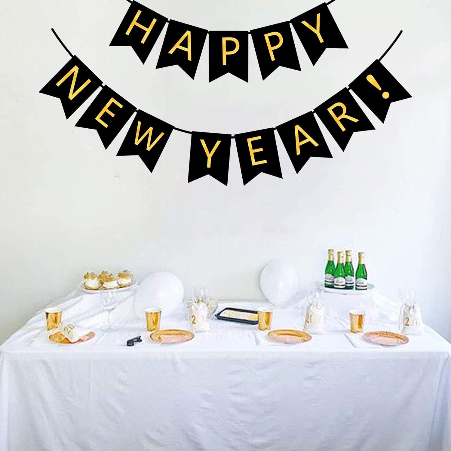 FECEDY Happy New Year Banner Black Bunting with Gold Alphabet for New Year Party Supplier Eve Party Decorations - Image 4