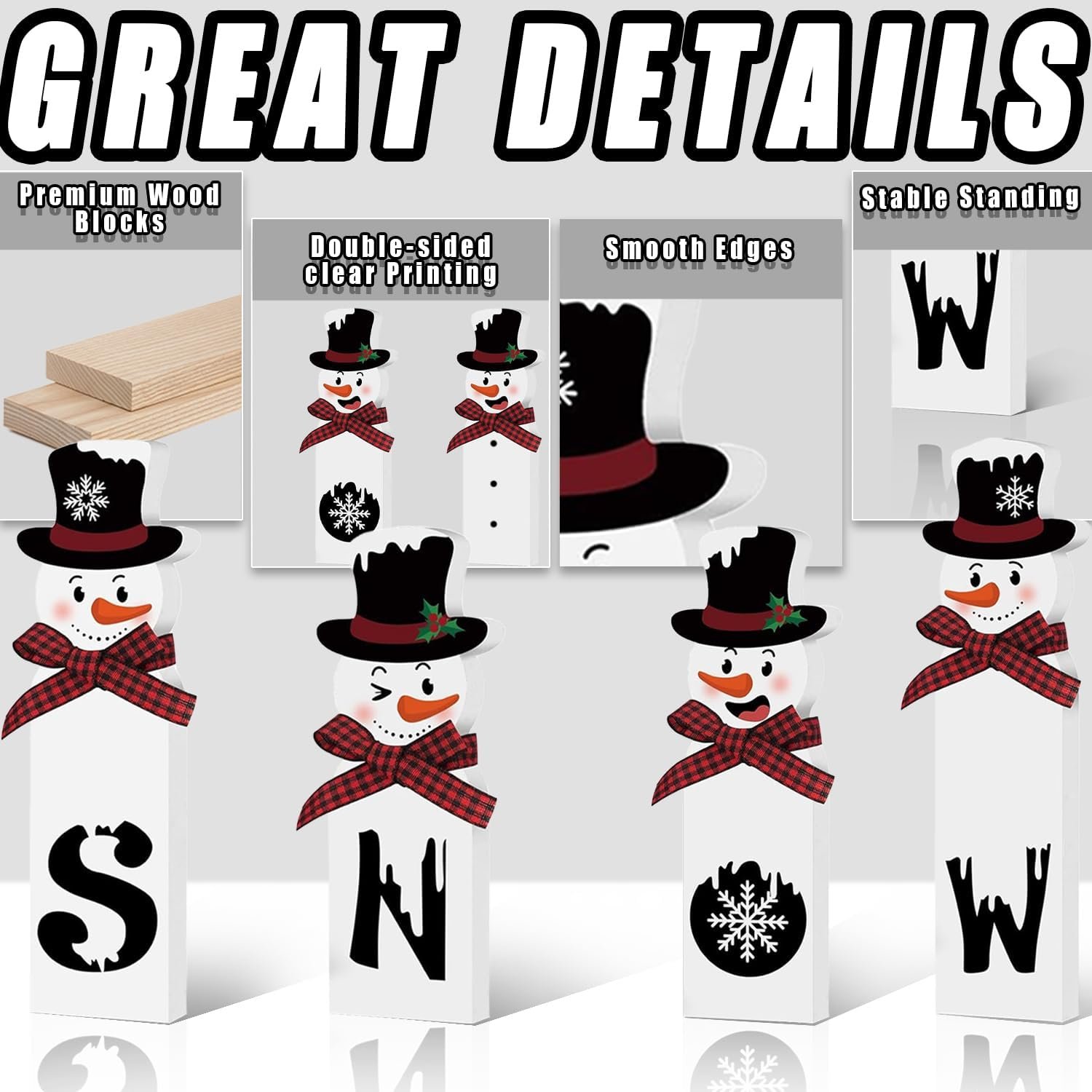 Christmas Wooden Snowman Decorations Indoor – 4 Pcs Snowman Block Merry Christmas Sign – Rustic Winter Tiered Tray Decor Table Centerpiece for Mantel Kitchen Holiday Home Decorations - Image 4