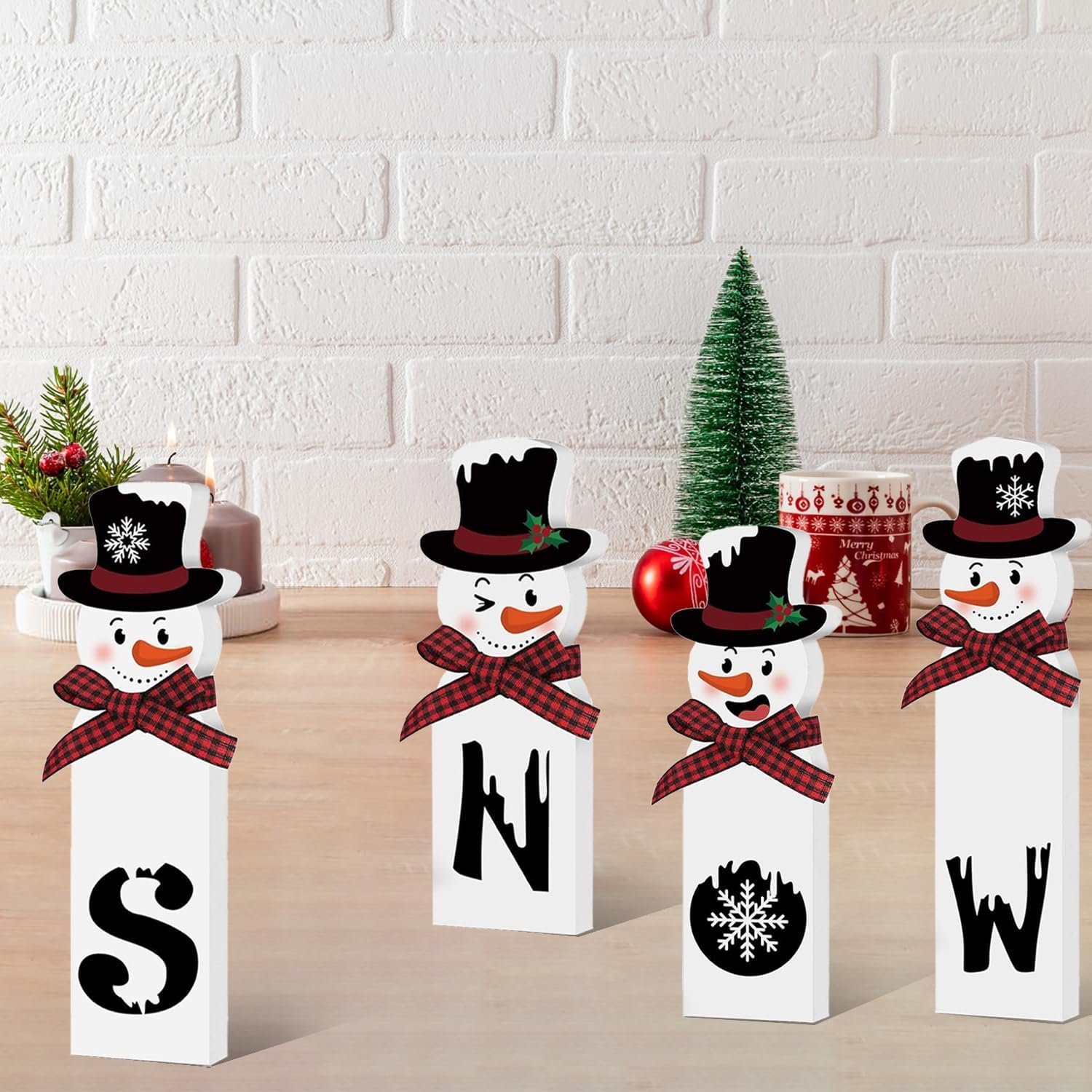 Christmas Wooden Snowman Decorations Indoor – 4 Pcs Snowman Block Merry Christmas Sign – Rustic Winter Tiered Tray Decor Table Centerpiece for Mantel Kitchen Holiday Home Decorations - Image 7