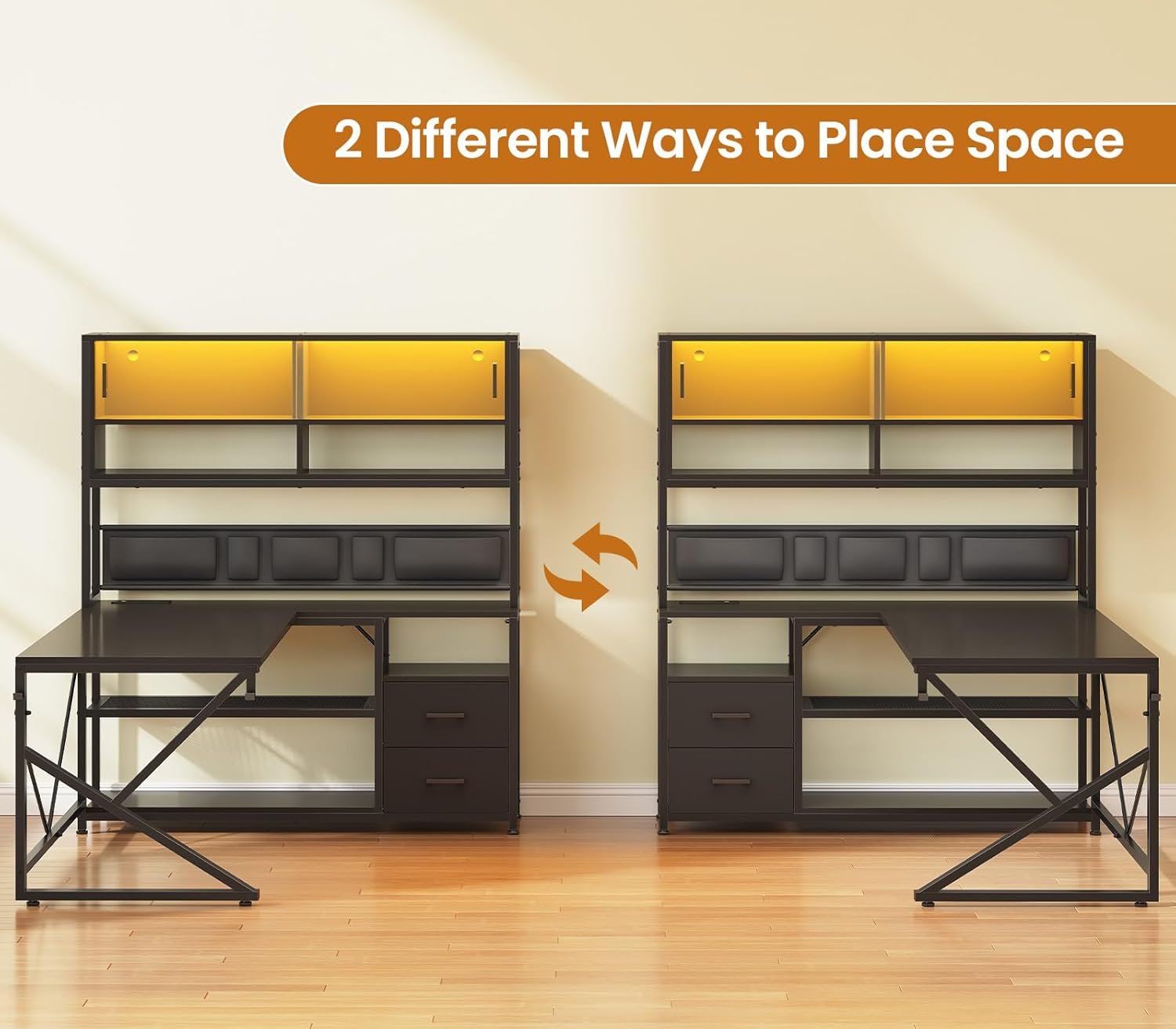 SEDETA L Shaped Gaming Desk, Home Office Computer Desk with 2 Drawer and Bookshelf, L Shaped Gaming Desk with LED Light, Glass Cabinet and Storage Bag, Corner Desk with Storage Shelves, Black - Image 5