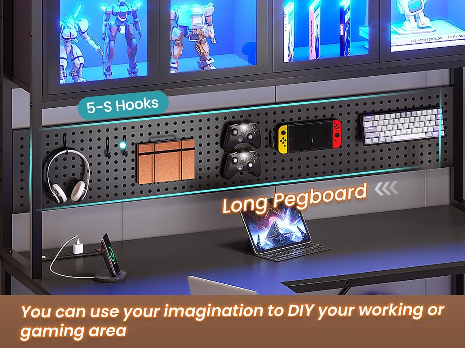 SEDETA L Shaped Gaming Desk with Drawers, L Shaped Computer Desk with Hutch and Storage Shelves, Gaming Desk with Pegboard, Led Lights, and Power Outlet, Home Office Desk, Corner Desk, Black - Image 7