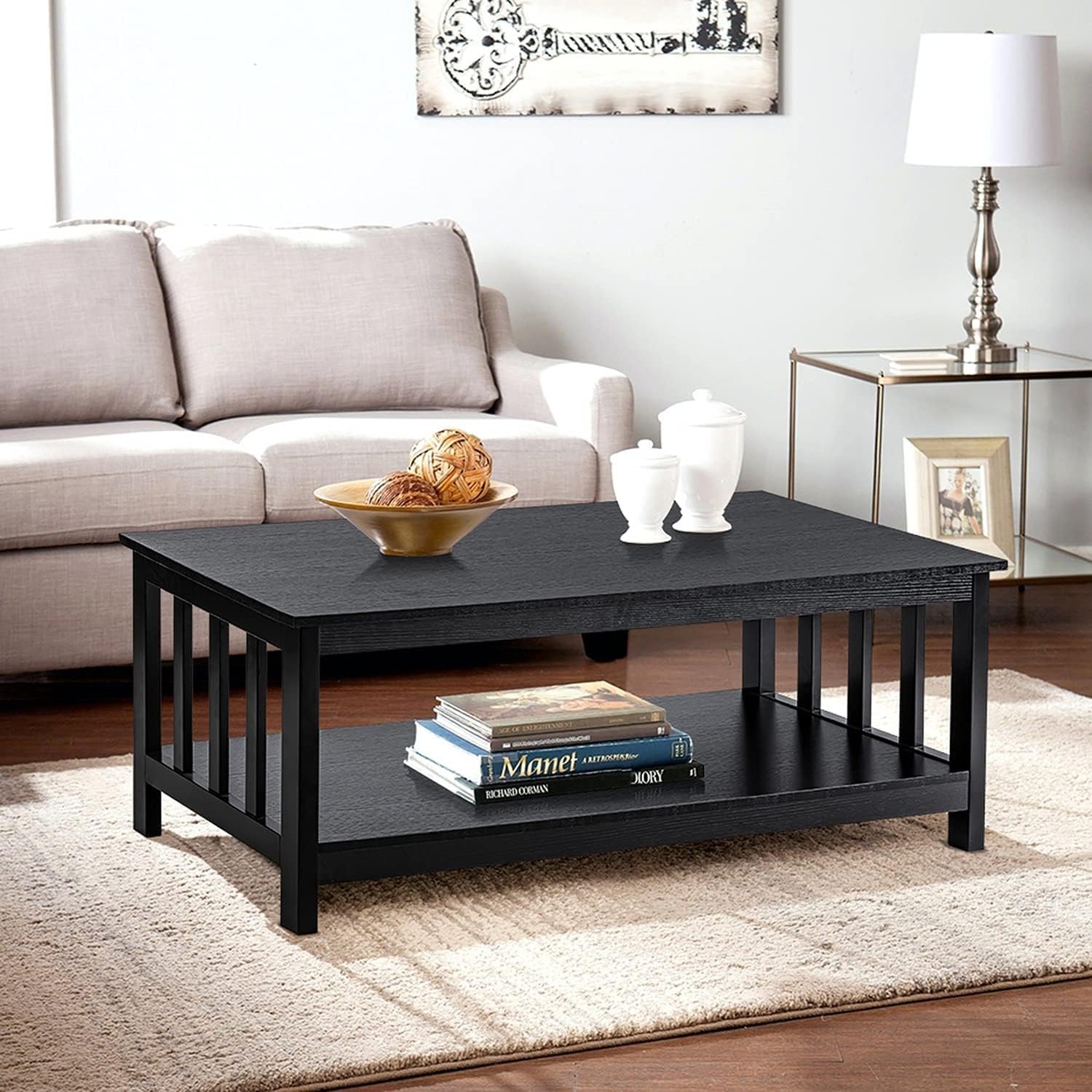 ChooChoo Mission Coffee Table, Black Wood Living Room Table with Shelf, 40 Black - Image 2