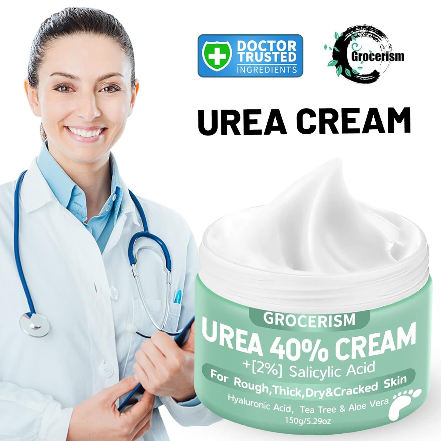 Grocerism Urea Cream 40 Percent For Feet Plus 2% Salicylic Acid 5.29 oz || Foot Cream and Hand Cream Maximum Strength with Hyaluronic Acid,Tea Tree,and Aloe Vera For Deep Moisturizes,Callus Remover - Image 3