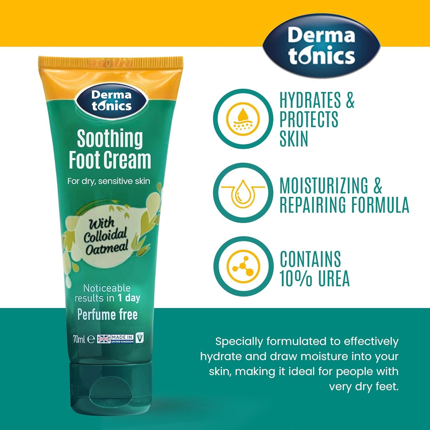 Dermatonics Soothing Foot Cream - 10% Urea w/Colloidal Oatmeal, Exfoliating & Softening Balm, Moisturizer for Dry, Cracked Heels & Rough Skin, Rehydrating for Feet, Elbows & Hands - 2.37 fl oz Tube - Image 4