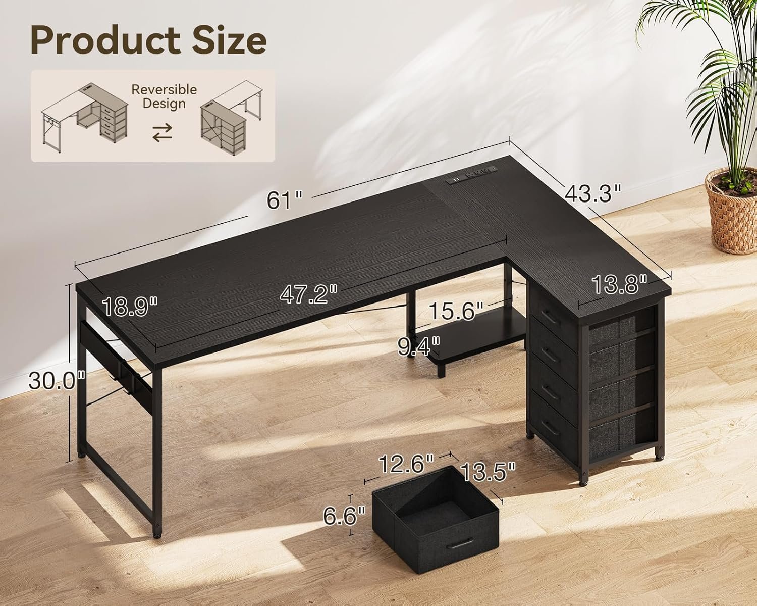 AODK L Shaped Gaming Desk with 4 Drawers, 61" Reversible Home Office Desks with Power Outlets, L Shaped Computer Desk with USB Charging Port and Host Stand, Corner Desk, Easy to Assemble, Black - Image 4
