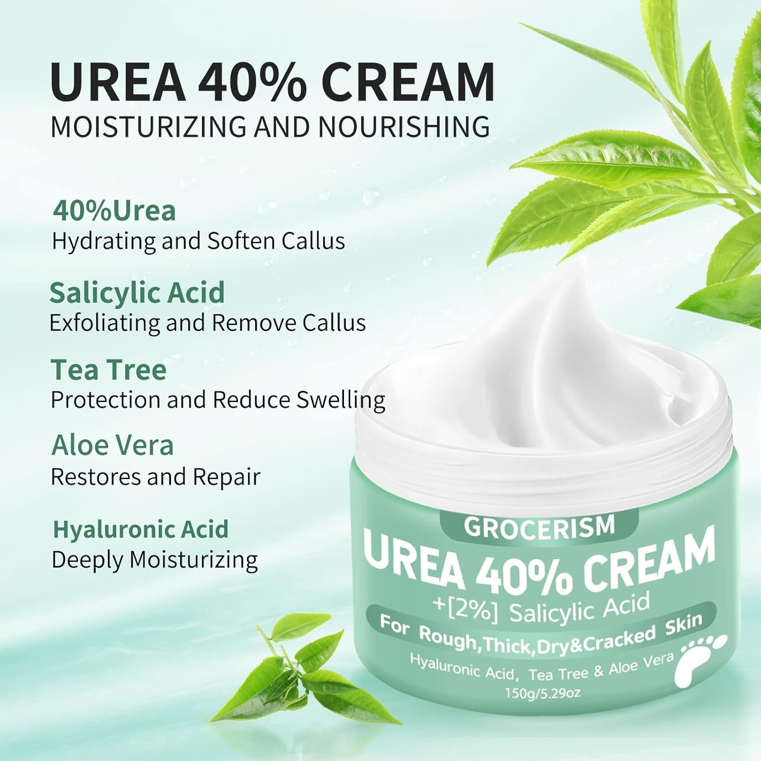 Grocerism Urea Cream 40 Percent For Feet Plus 2% Salicylic Acid 5.29 oz || Foot Cream and Hand Cream Maximum Strength with Hyaluronic Acid,Tea Tree,and Aloe Vera For Deep Moisturizes,Callus Remover - Image 4
