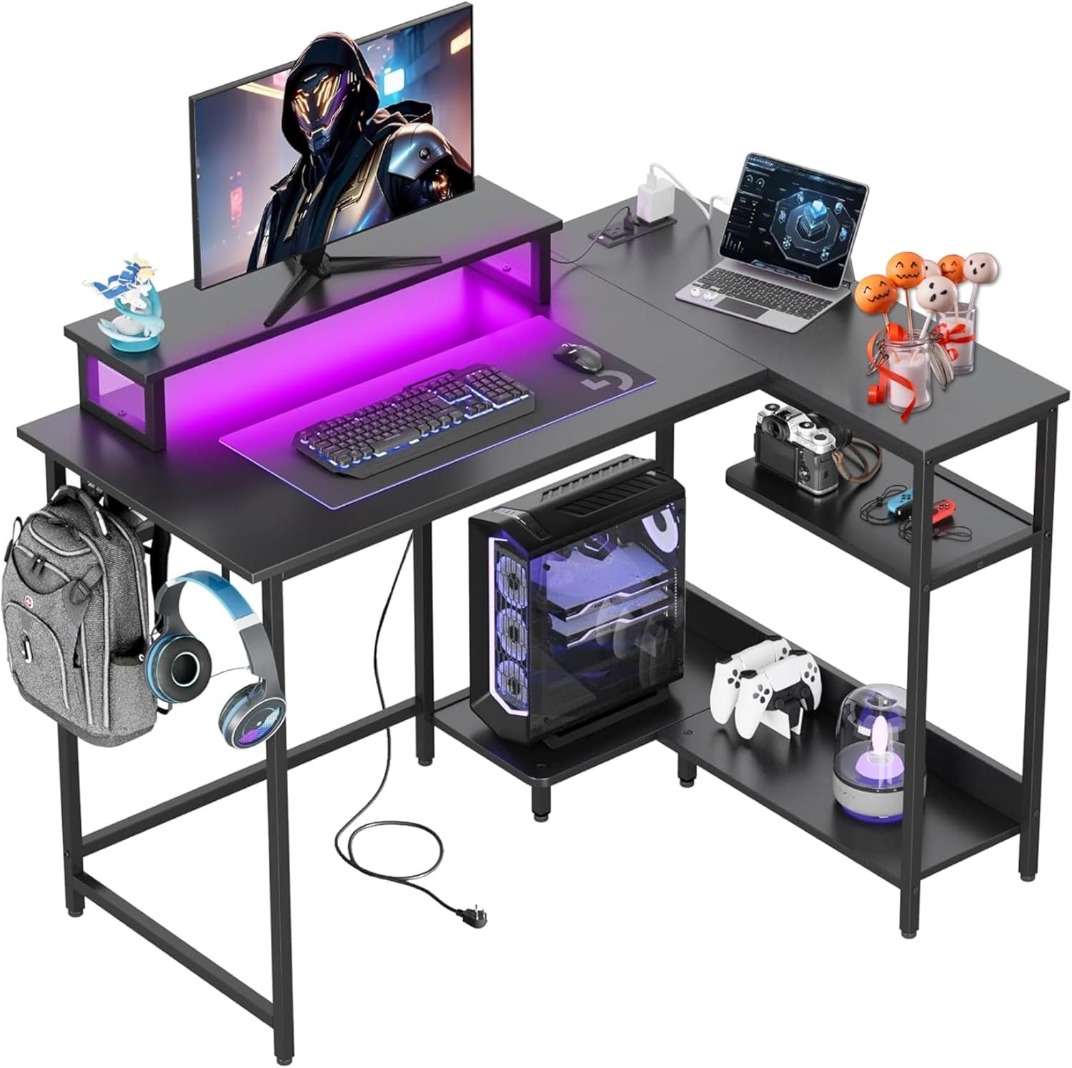 DEVAISE 47 Inch L Shaped Gaming Desk with LED Lights & Power Outlets, Corner Desk for Small Spaces, Sturdy PC Computer Table with Storage for Home Office, Black - Image 2