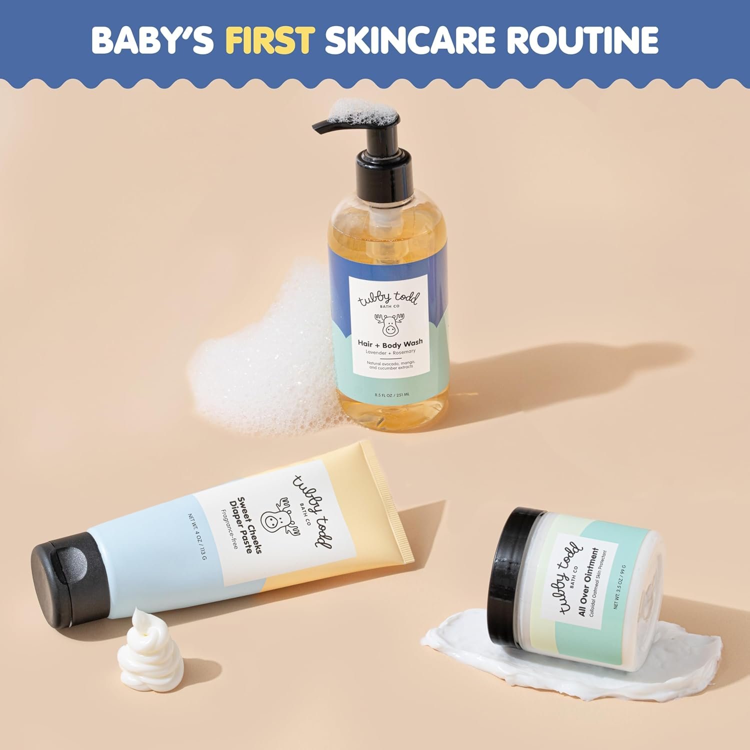 TUBBY TODD Baby Bundle Newborn Skin Care Set - Hypoallergenic Hair + Body Wash, All Over Ointment with Colloidal Oatmeal, Sweet Cheeks Diaper Paste - Fragrance Free, Standard Size - Image 3