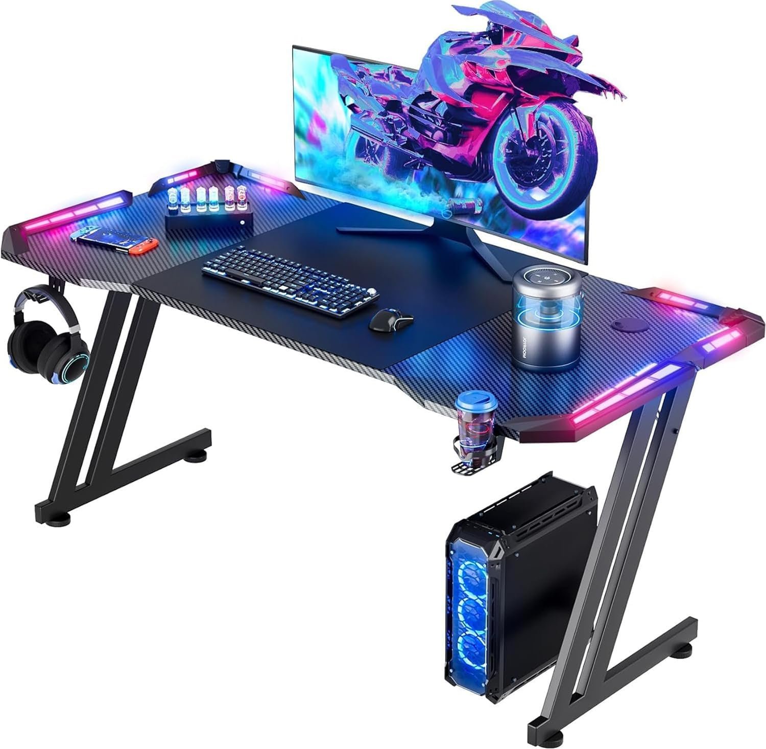 HLDIRECT 47 Inch Gaming Desk with LED Lights, Large RGB Computer Gaming Desk Table with Cup Holder Headphone Hook Mouse Pad, Ergonomic Modern Carbon Fiber Mesa Gamer Pc Work Home Office Desks, Black - Image 2