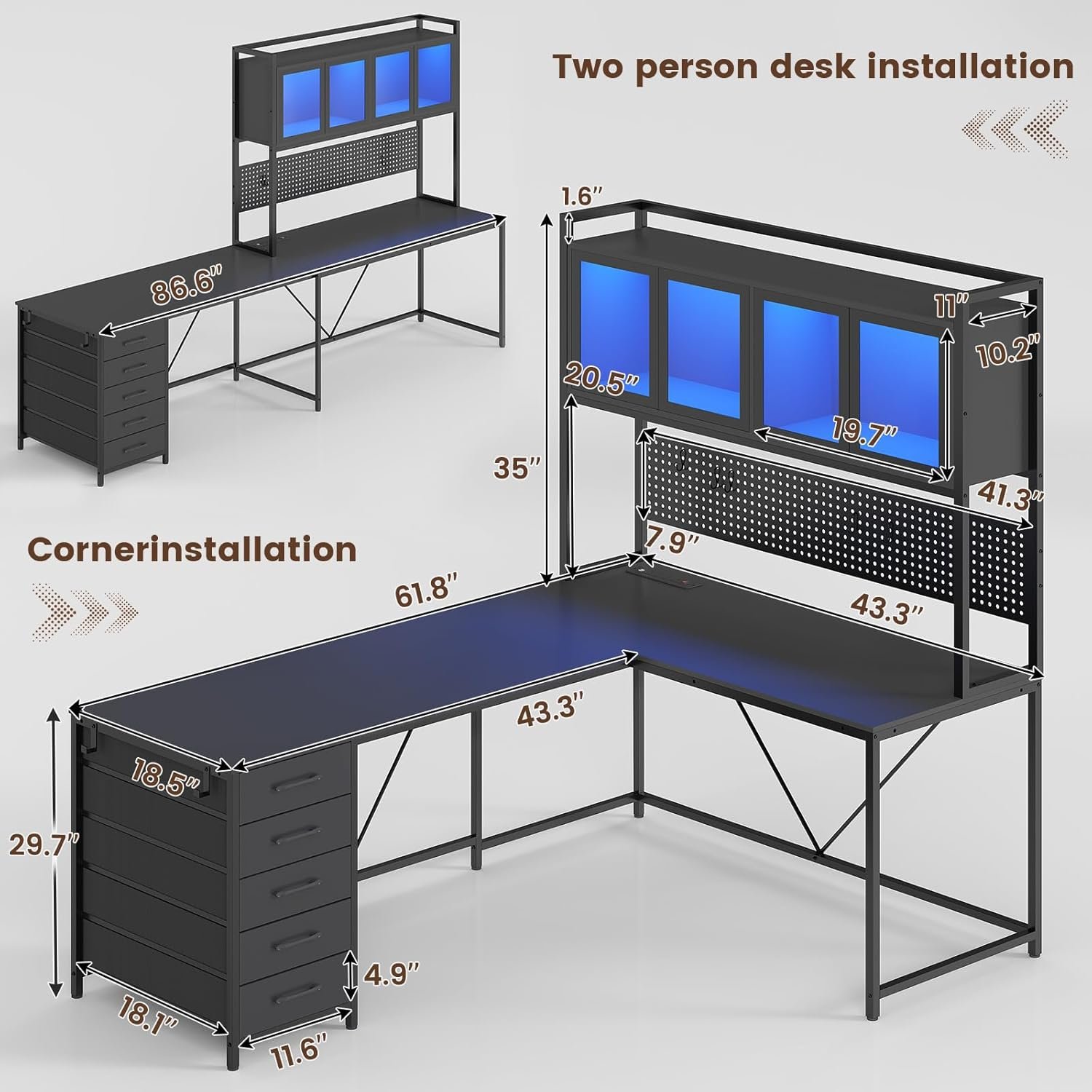 SEDETA L Shaped Gaming Desk with Drawers, L Shaped Computer Desk with Hutch and Storage Shelves, Gaming Desk with Pegboard, Led Lights, and Power Outlet, Home Office Desk, Corner Desk, Black - Image 4