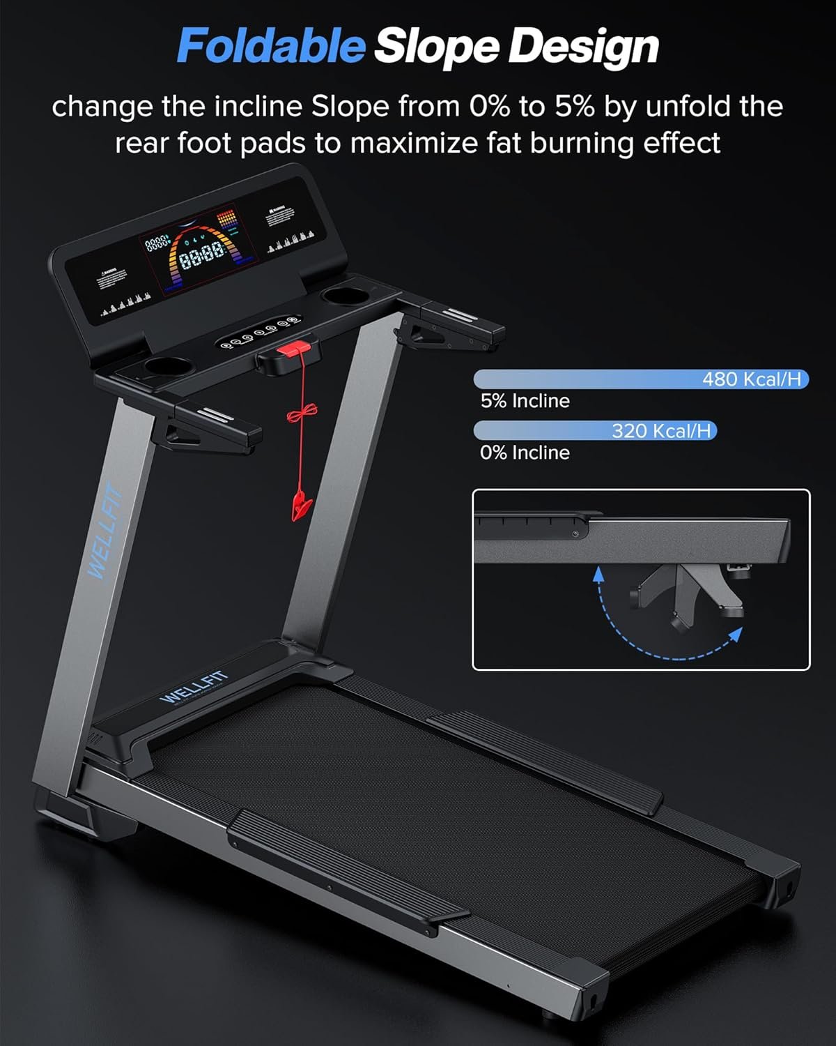WELLFIT Home Treadmill, 2 Level Incline Heavyduty Treadmill with Pulse Sensor, 4.0 HP, 10 MPH, 450 lbs Capacity, 20'' x 45'' Running Area Treadmills with Bluetooth Player & LED Display - Image 7