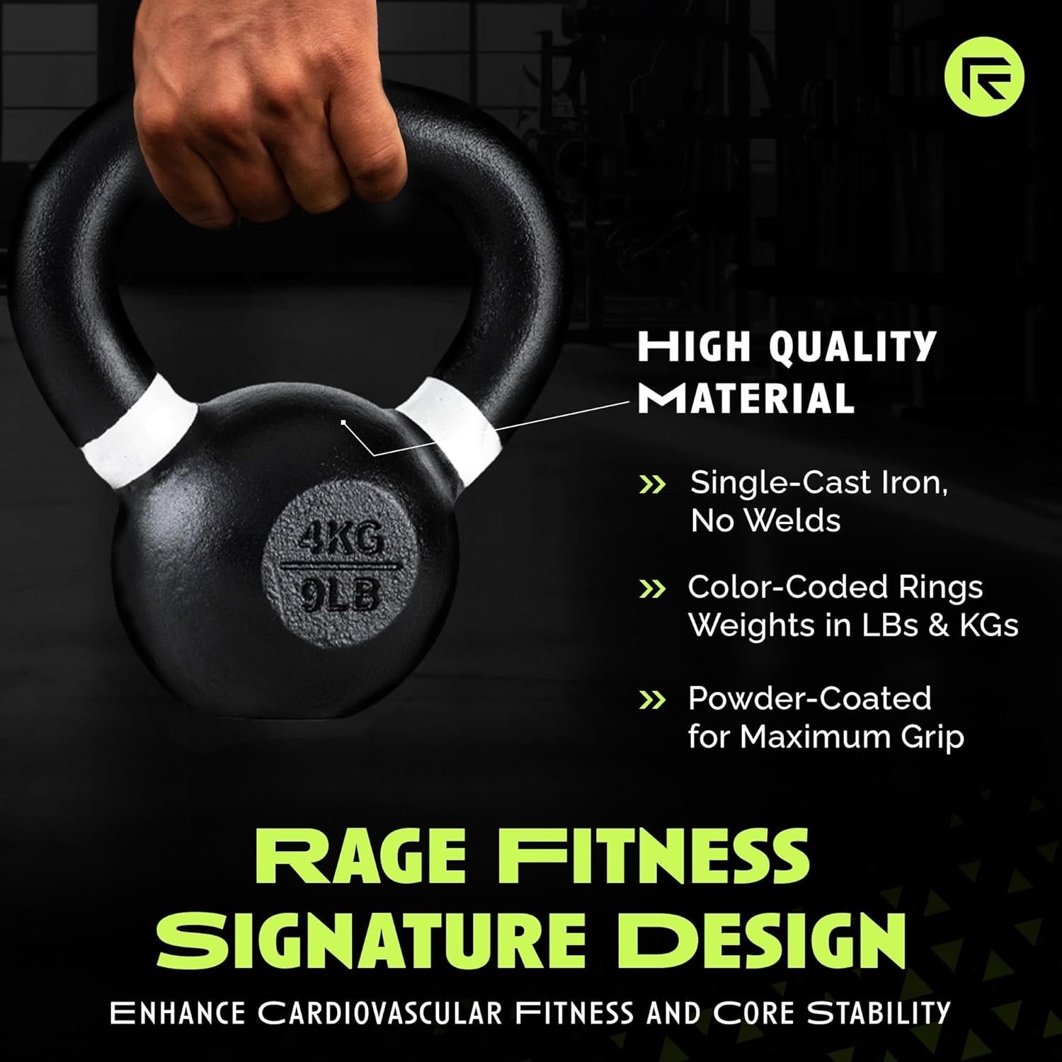 Rage Fitness Single Cast Iron Kettlebell | Powder Coated - Wide Handle Weights for Core & Glute Workouts; Swings, Squats, Deadlifts; Strength, Endurance & Flexibility for Men & Women - Image 3