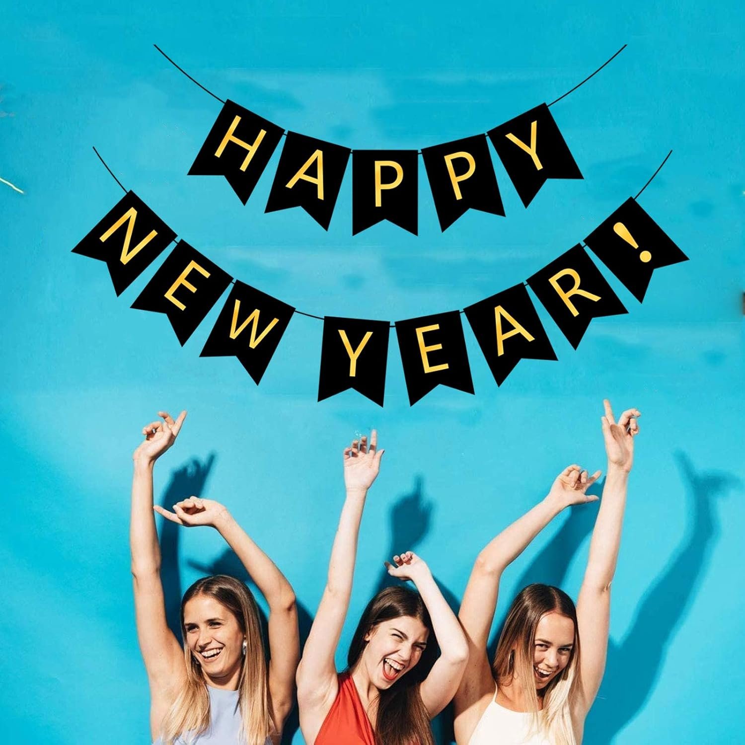 FECEDY Happy New Year Banner Black Bunting with Gold Alphabet for New Year Party Supplier Eve Party Decorations - Image 5