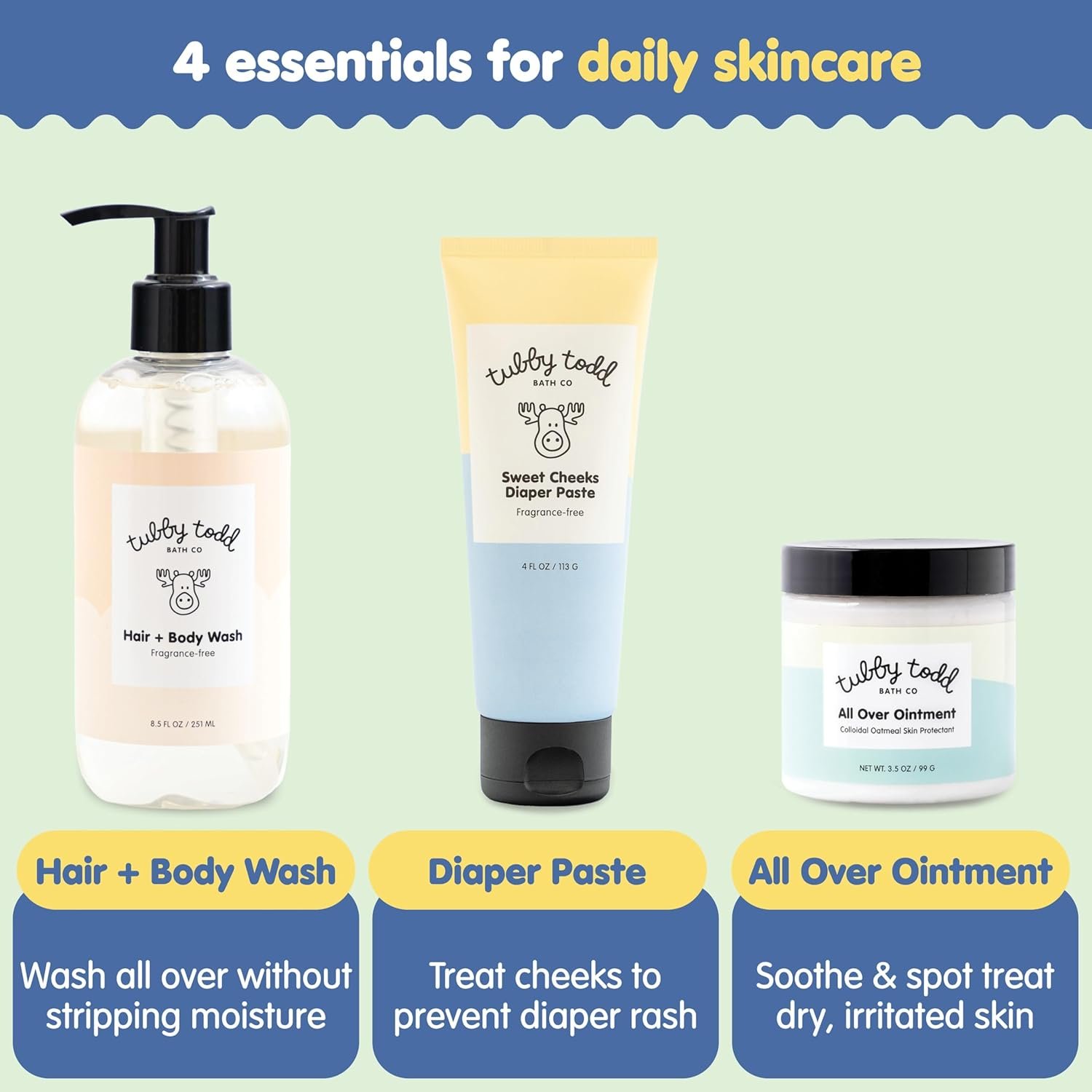 TUBBY TODD Baby Bundle Newborn Skin Care Set - Hypoallergenic Hair + Body Wash, All Over Ointment with Colloidal Oatmeal, Sweet Cheeks Diaper Paste - Fragrance Free, Standard Size - Image 4