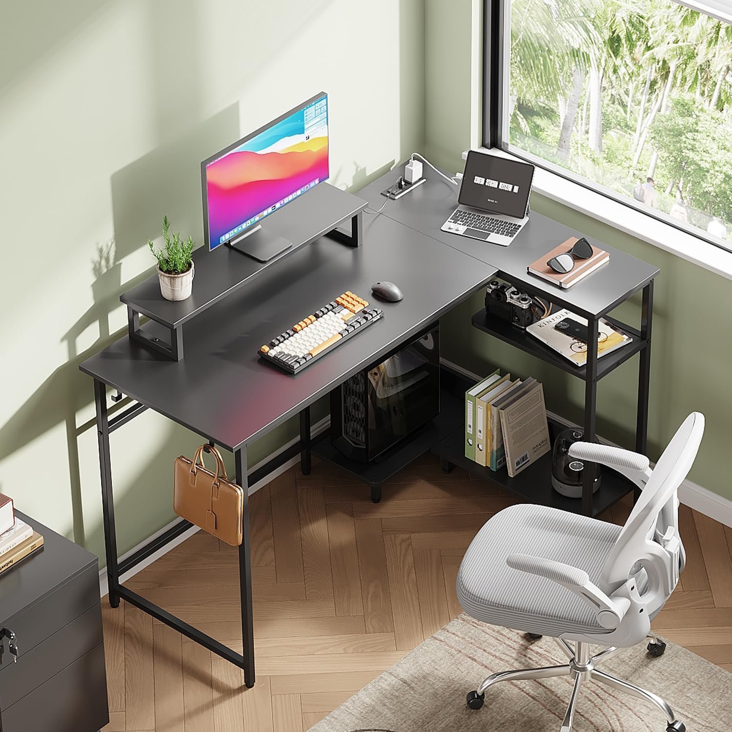 DEVAISE 47 Inch L Shaped Gaming Desk with LED Lights & Power Outlets, Corner Desk for Small Spaces, Sturdy PC Computer Table with Storage for Home Office, Black - Image 8