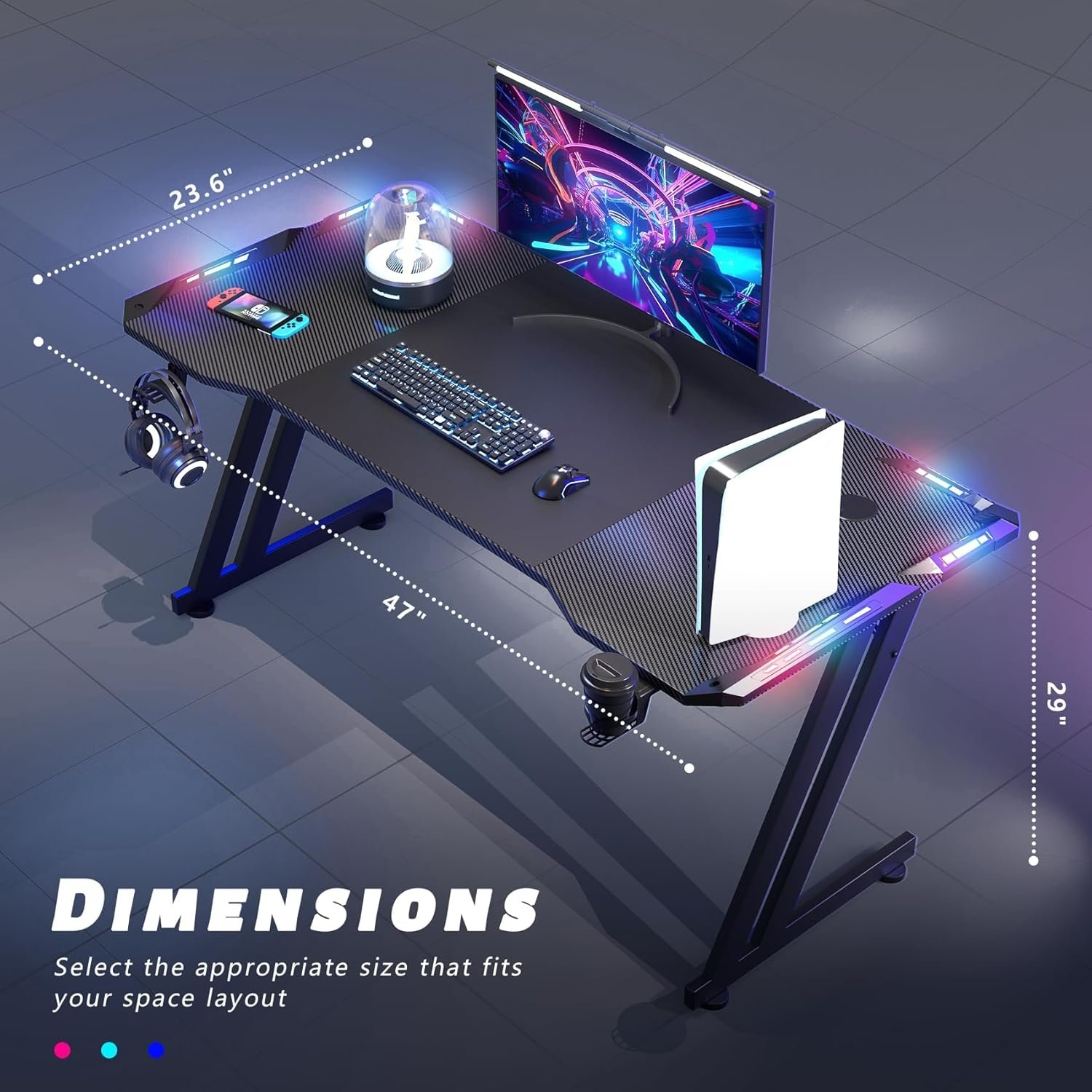 HLDIRECT 47 Inch Gaming Desk with LED Lights, Large RGB Computer Gaming Desk Table with Cup Holder Headphone Hook Mouse Pad, Ergonomic Modern Carbon Fiber Mesa Gamer Pc Work Home Office Desks, Black - Image 4