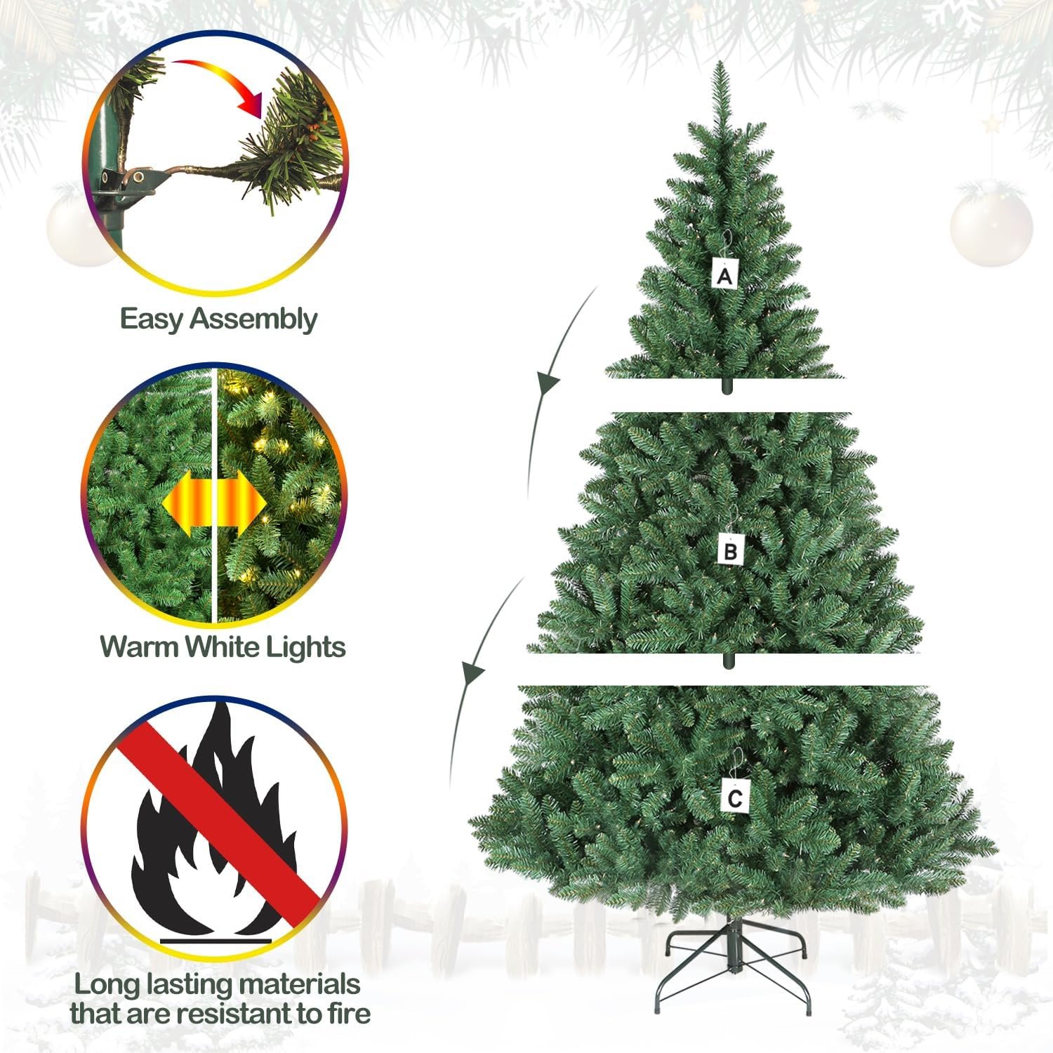 Hykolity 7.5 ft Prelit Christmas Tree, Artificial Christmas Tree with 450 Warm White Lights, 1450 Branch Tips, Metal Stand and Hinged Branches - Image 9