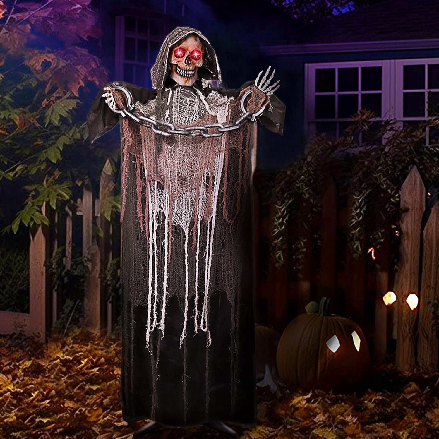 JOYIN 67" Halloween Decorations Outdoor Life Size Animatronics Grim Reaper with Chain, Sound-Actived Party Decor with Creepy Sound, Scary Haunted House Props for Garden Yard Lawn - Image 10