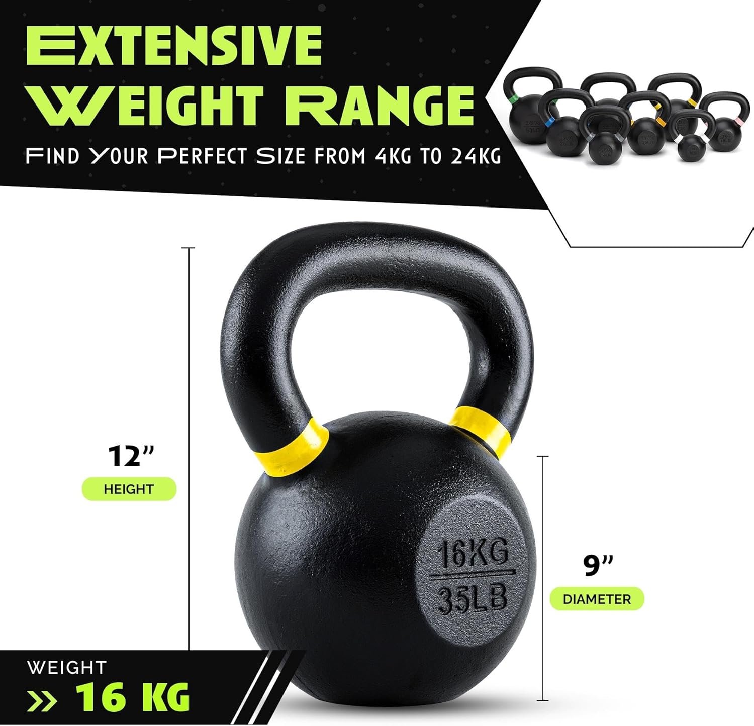 Rage Fitness Single Cast Iron Kettlebell | Powder Coated - Wide Handle Weights for Core & Glute Workouts; Swings, Squats, Deadlifts; Strength, Endurance & Flexibility for Men & Women - Image 6