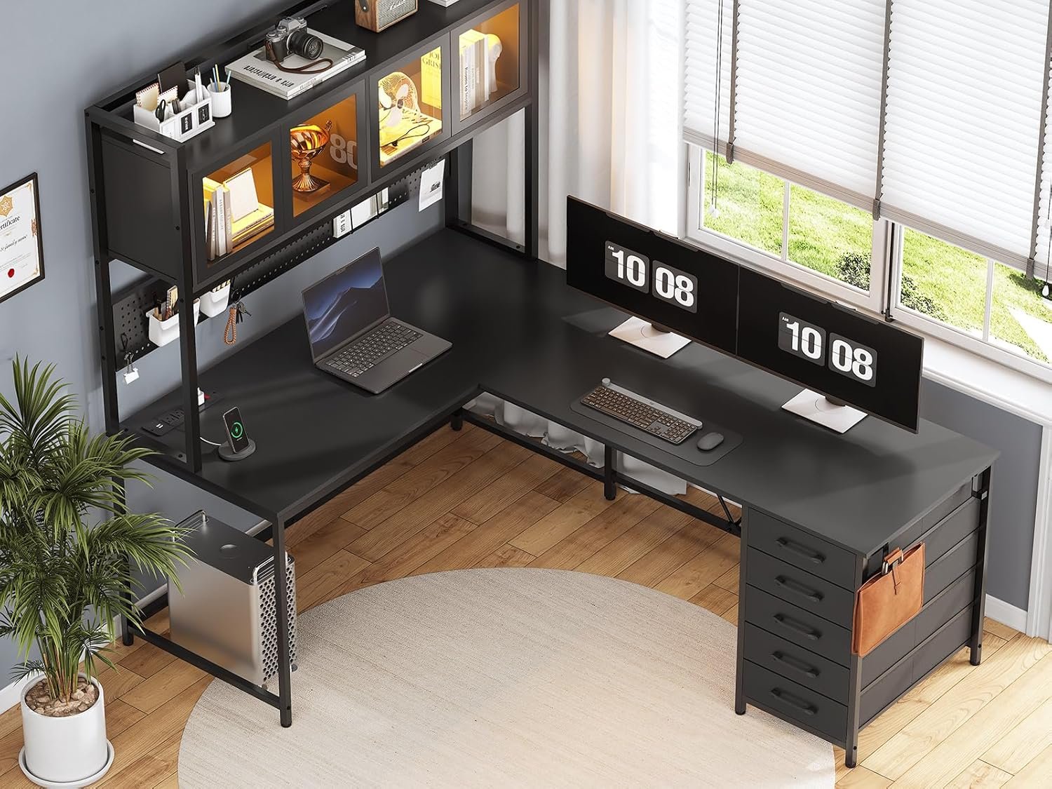 SEDETA L Shaped Gaming Desk with Drawers, L Shaped Computer Desk with Hutch and Storage Shelves, Gaming Desk with Pegboard, Led Lights, and Power Outlet, Home Office Desk, Corner Desk, Black - Image 9
