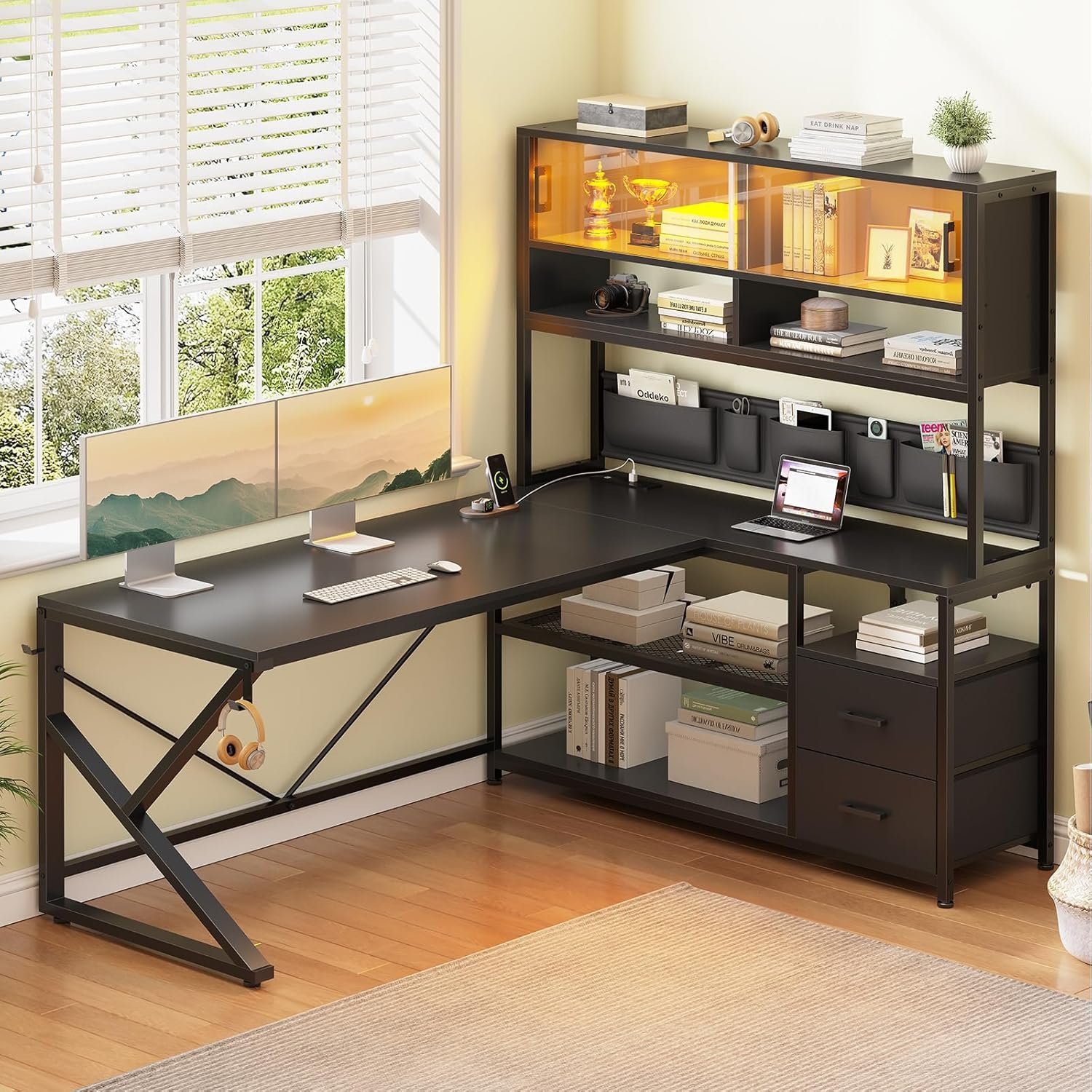 SEDETA L Shaped Gaming Desk, Home Office Computer Desk with 2 Drawer and Bookshelf, L Shaped Gaming Desk with LED Light, Glass Cabinet and Storage Bag, Corner Desk with Storage Shelves, Black - Image 4